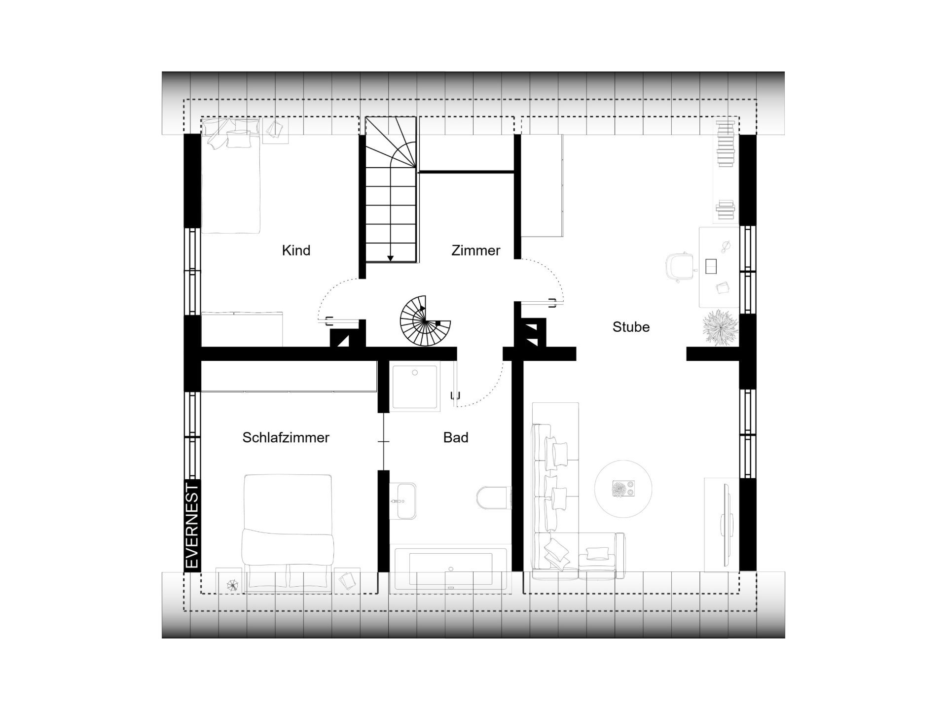 Grundriss mit Schlafzimmer, Kinderzimmer, Bad, Stube und zentraler Treppe.