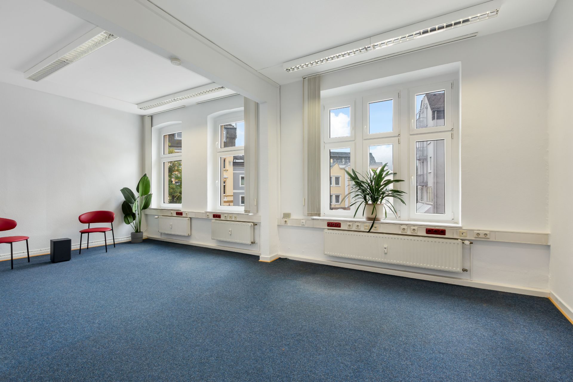 Heller Raum mit blauen Teppichboden, weißen Wänden, großen Fenstern und zwei roten Stühlen.