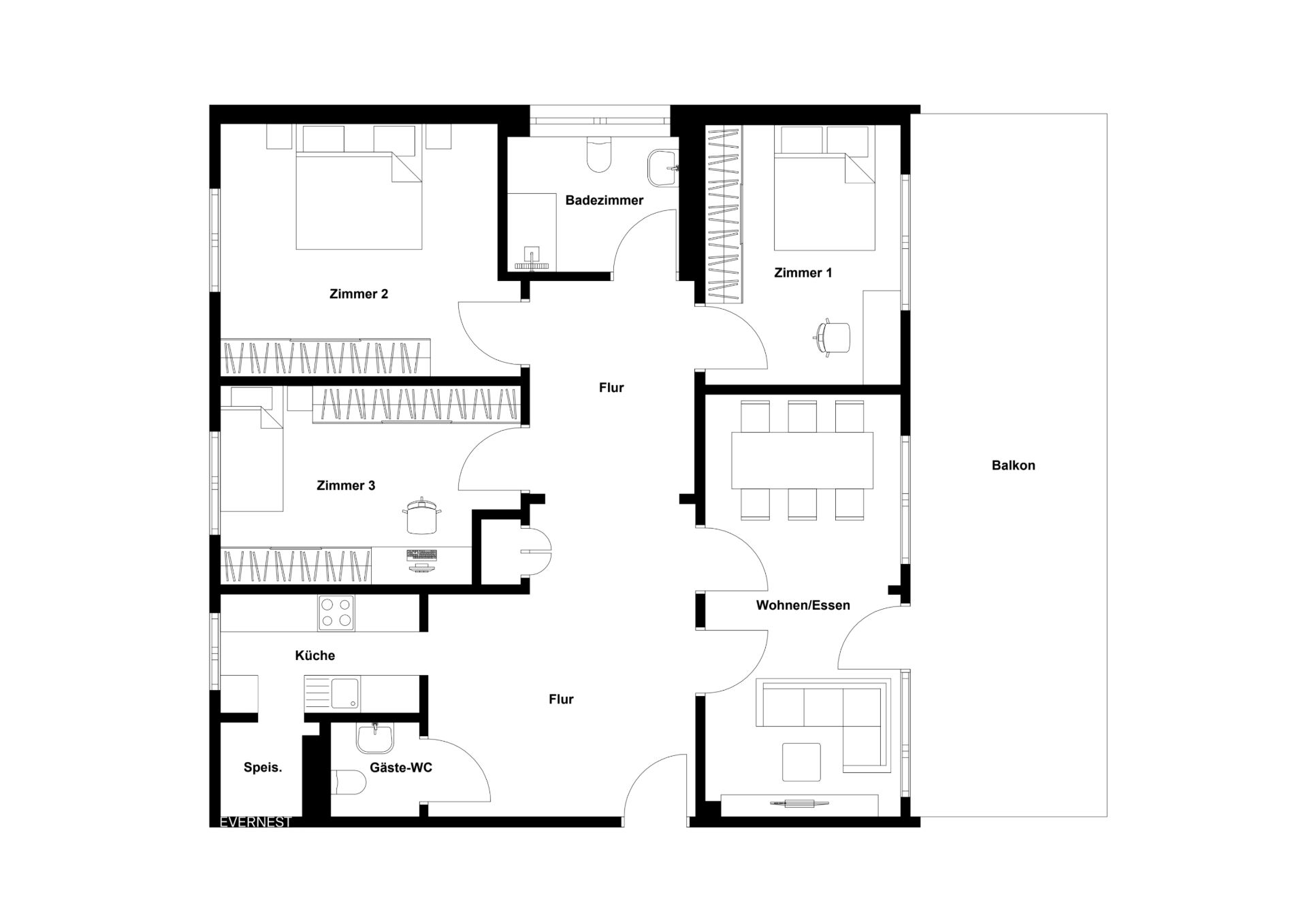 Grundriss einer Wohnung mit drei Zimmern, Küche, Bad, Gäste-WC, Wohnzimmer und Balkon.