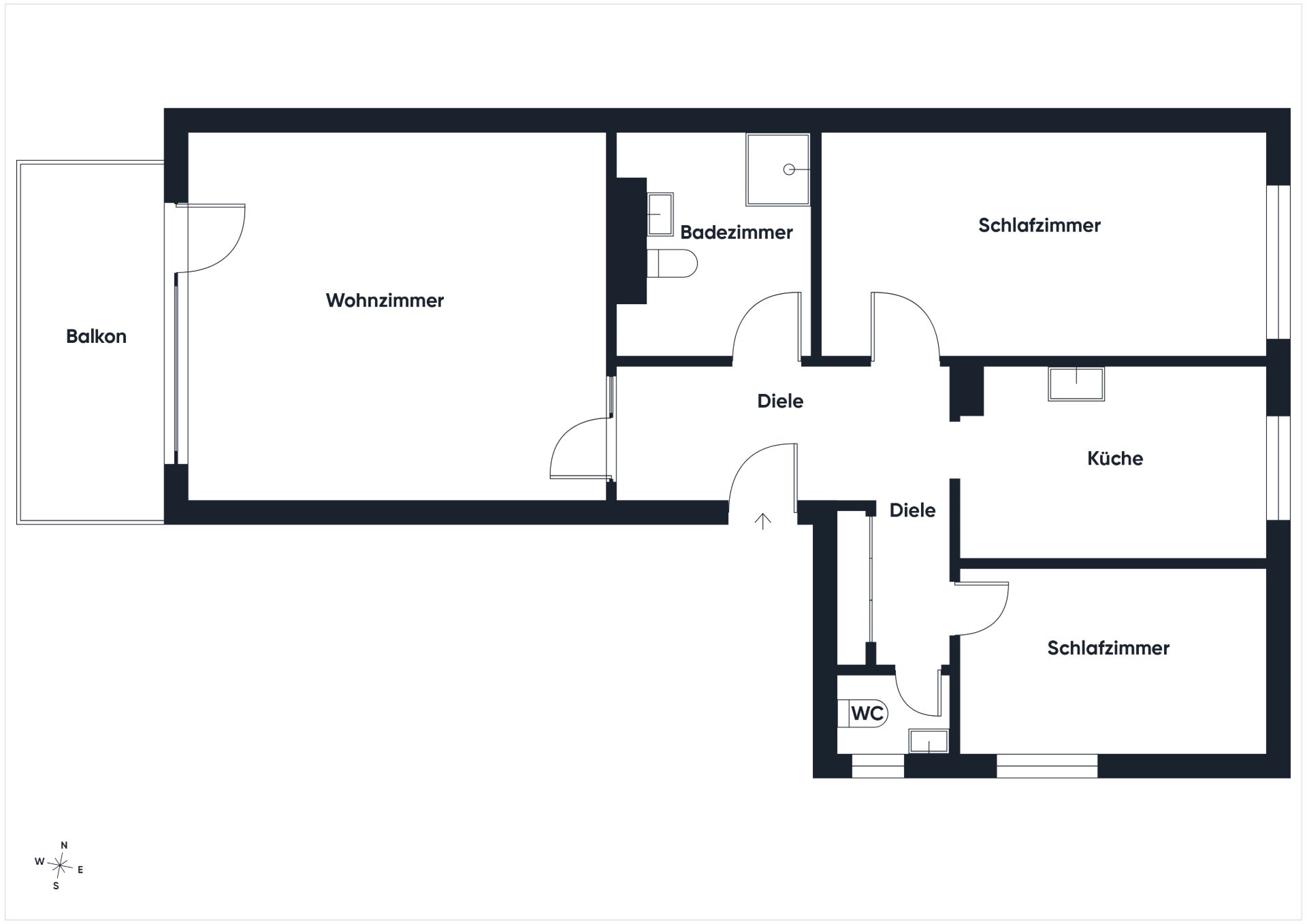 Grundriss mit Wohnzimmer, Balkon, zwei Schlafzimmern, Küche, Badezimmer und WC.