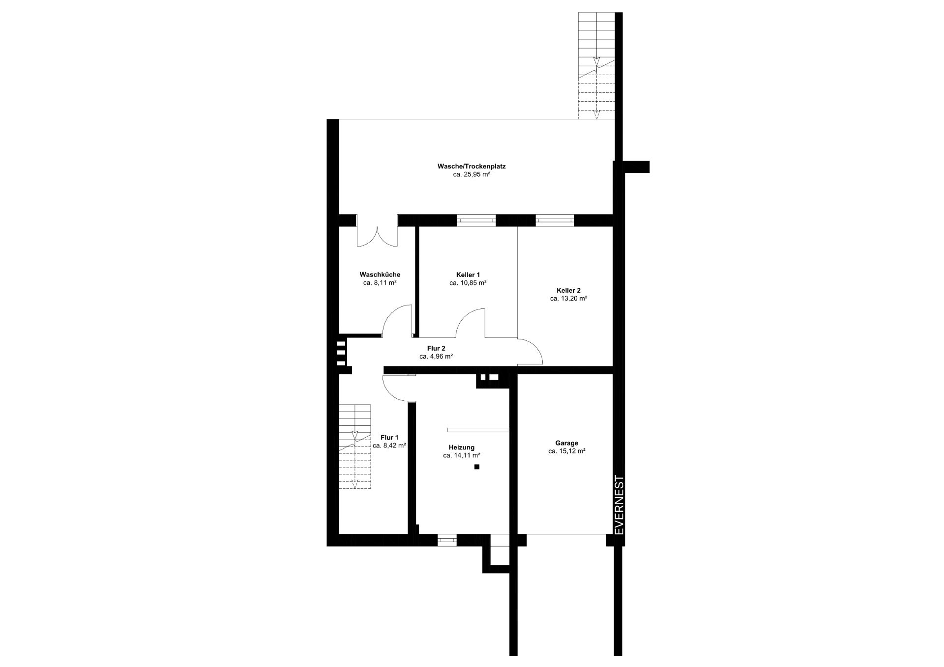 Grundriss eines Kellers mit Waschküche, zwei Kellerräumen, Heizung und Garage.