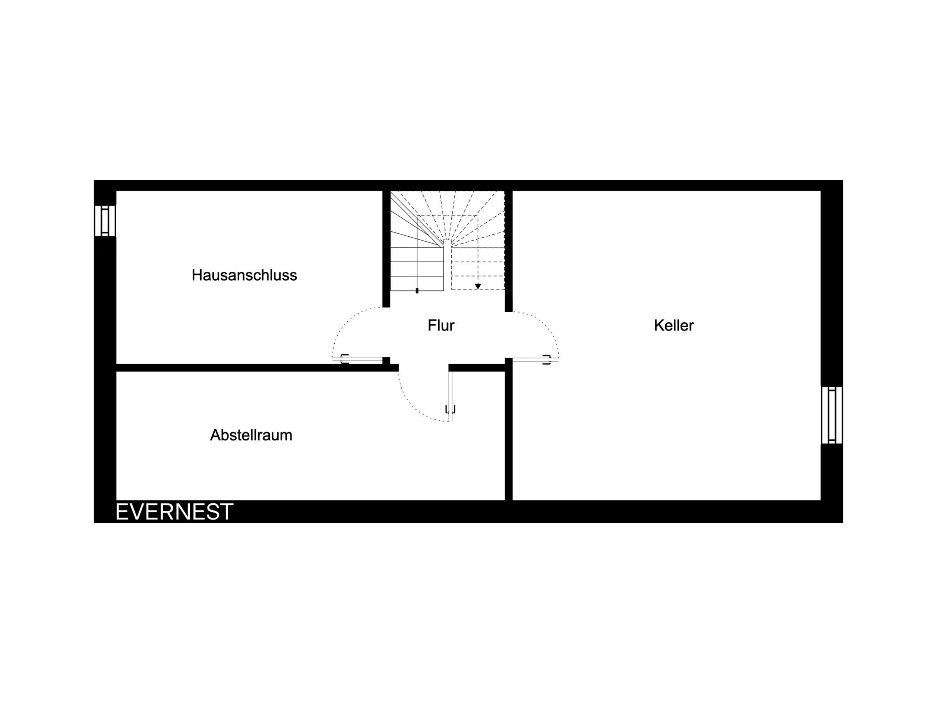 Grundriss eines Kellers mit Flur, Hausanschluss, Abstellraum und Kellerraum.