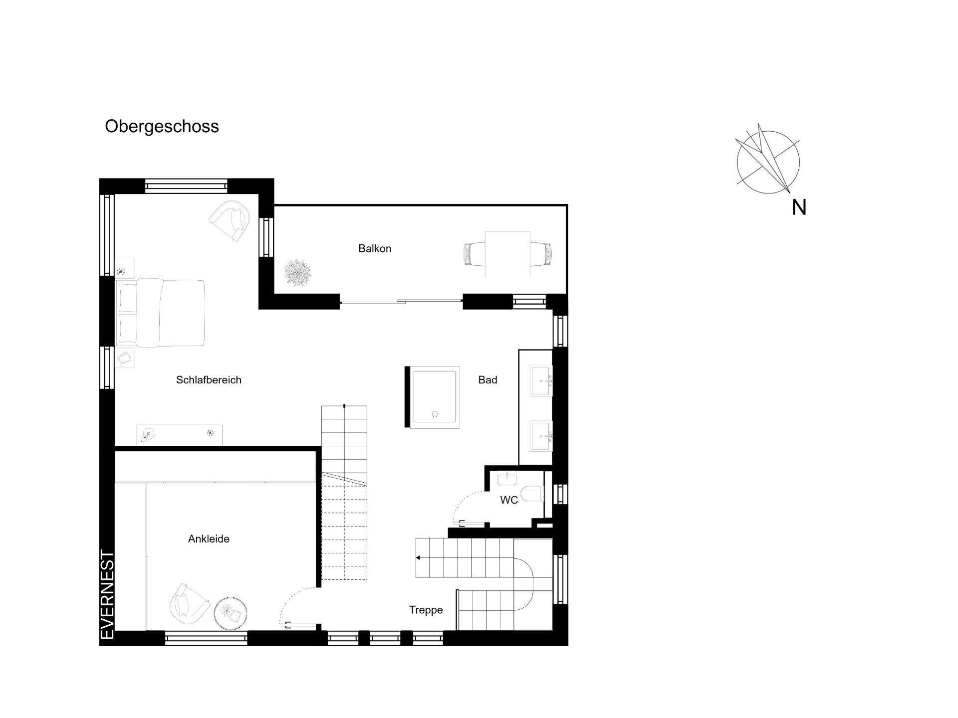 Grundriss des Obergeschosses mit Schlafbereich, Ankleide, Bad, WC, Treppe und Balkon.