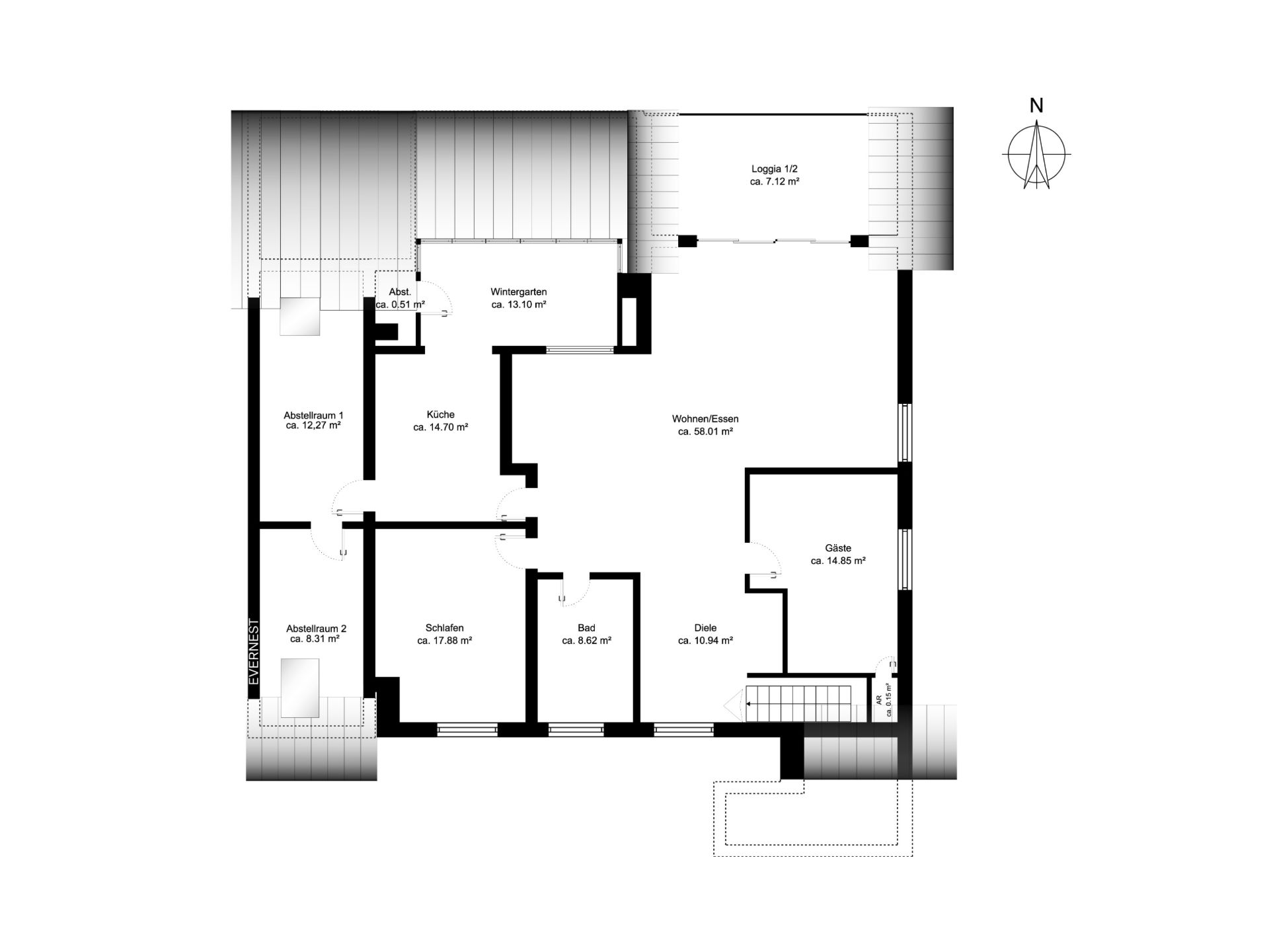 Grundriss einer Wohnung mit Wohn-, Schlaf-, Gästezimmer, Küche, Bad, Wintergarten und Loggia.