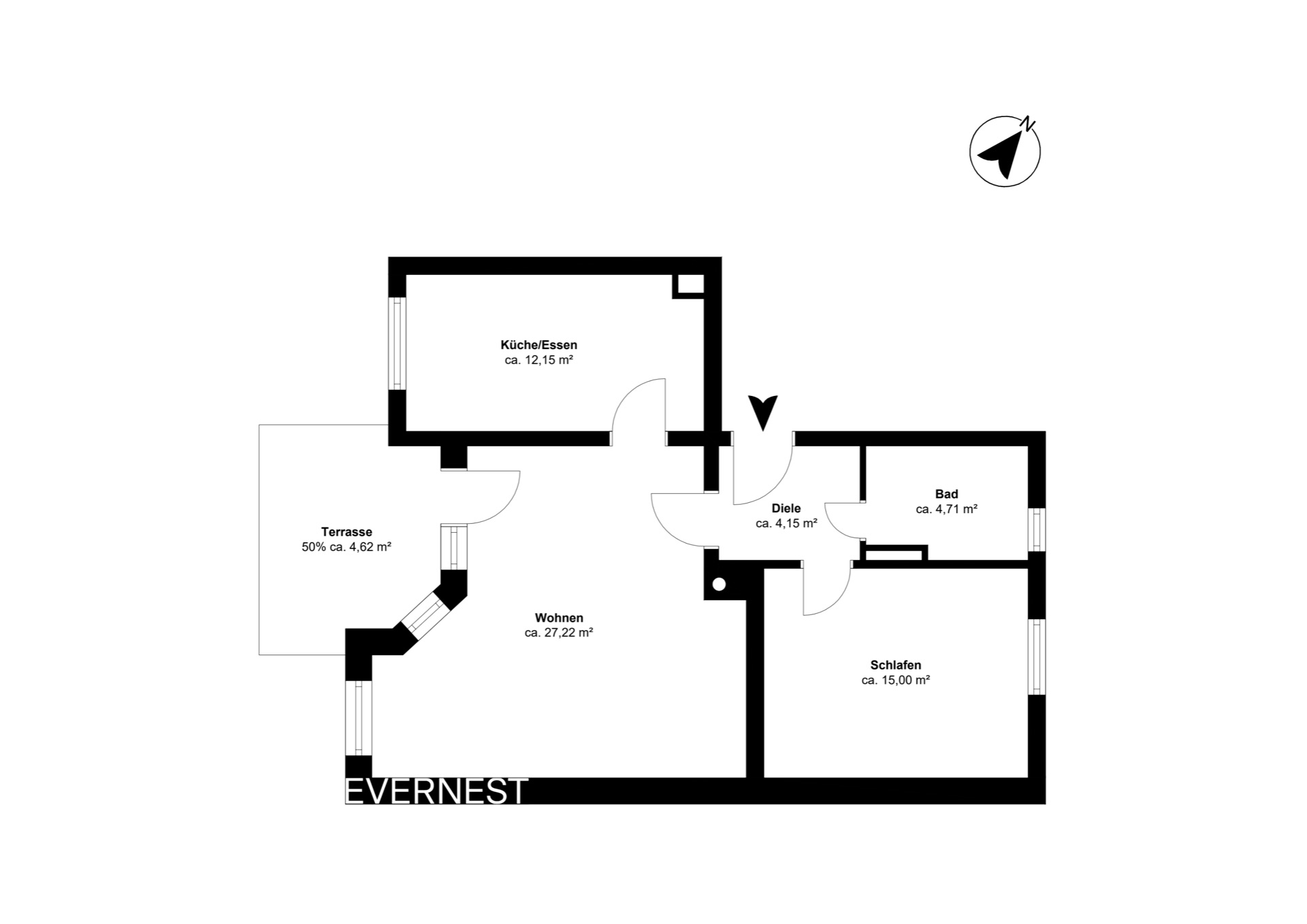 Grundriss mit Wohn-, Schlafzimmer, Küche, Bad, Diele und Terrasse, alle Räume beschriftet.