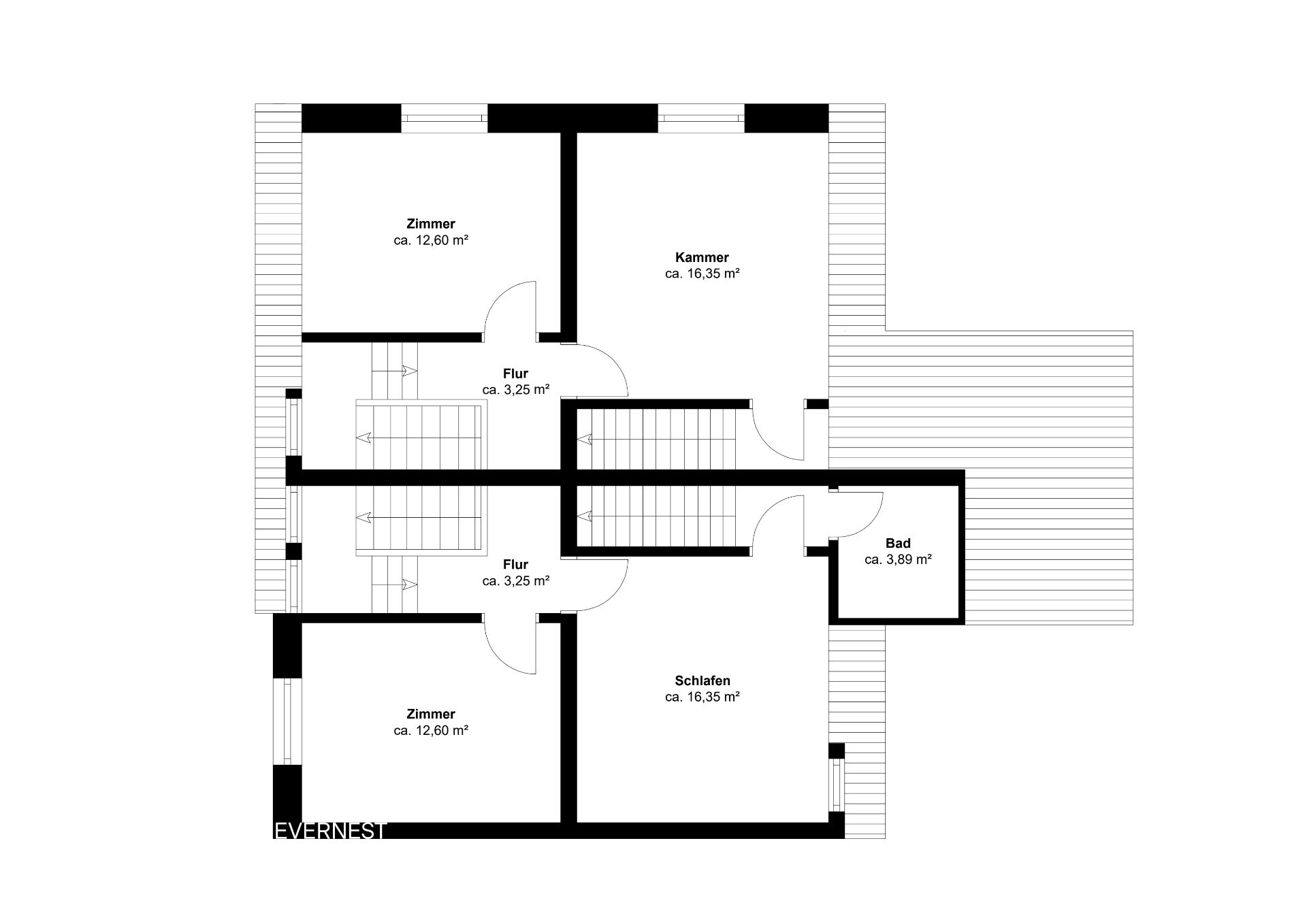 Grundriss mit zwei Zimmern, einem Schlafzimmer, einer Kammer, Bad und Flur.