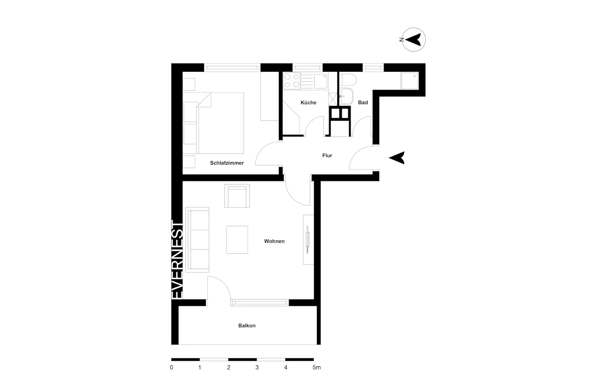 Grundriss einer Wohnung mit Schlafzimmer, Wohnzimmer, Küche, Bad, Flur und Balkon.