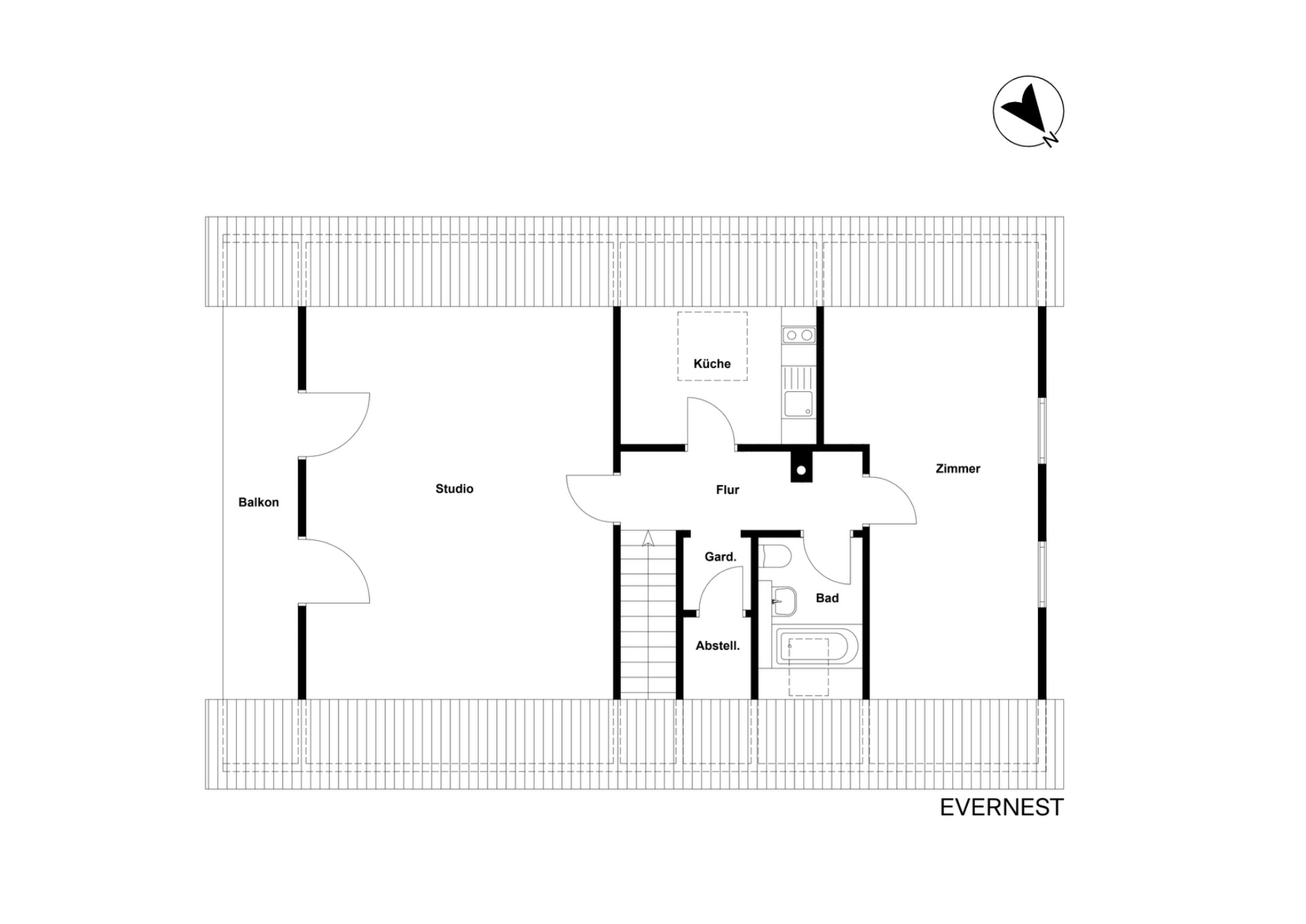 Grundriss einer Wohnung mit Studio, Balkon, Küche, Zimmer, Flur, Bad, Abstellraum und Garderobe.