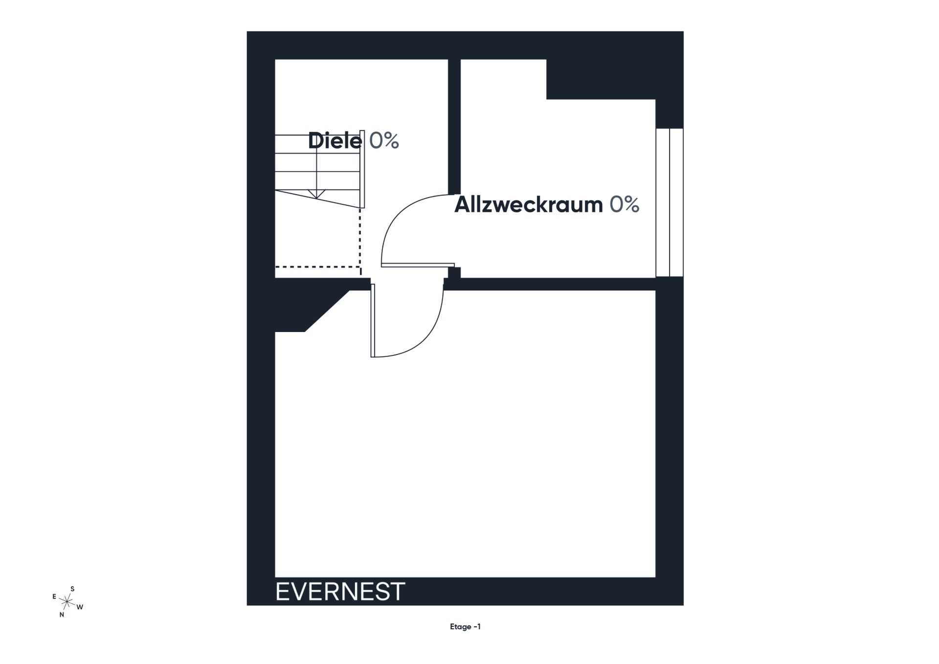 Grundriss mit Diele, Allzweckraum und einem weiteren Raum.