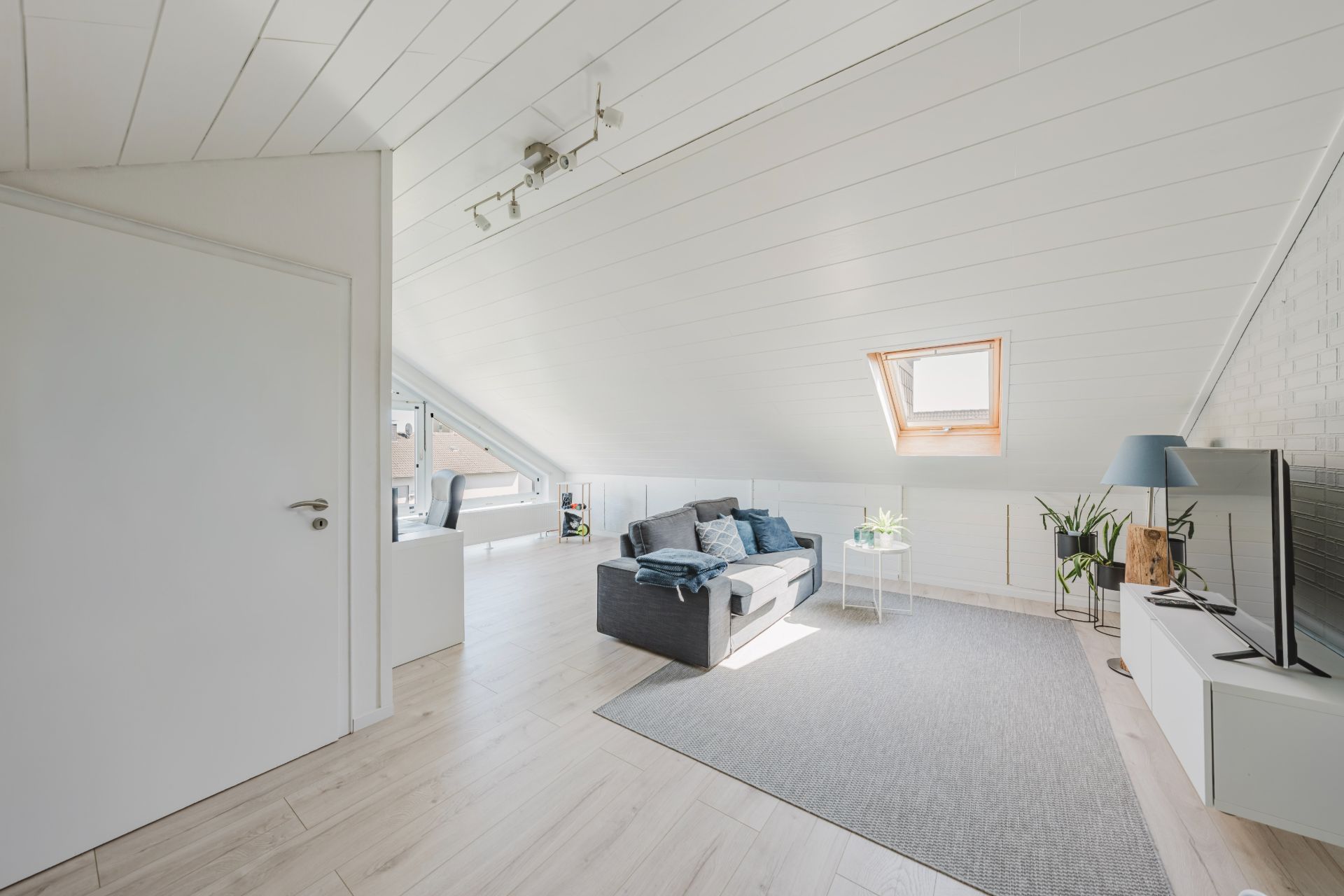 Helles Wohnzimmer im Dachgeschoss mit Sofa, Teppich, Fernseher und Dachfenster.