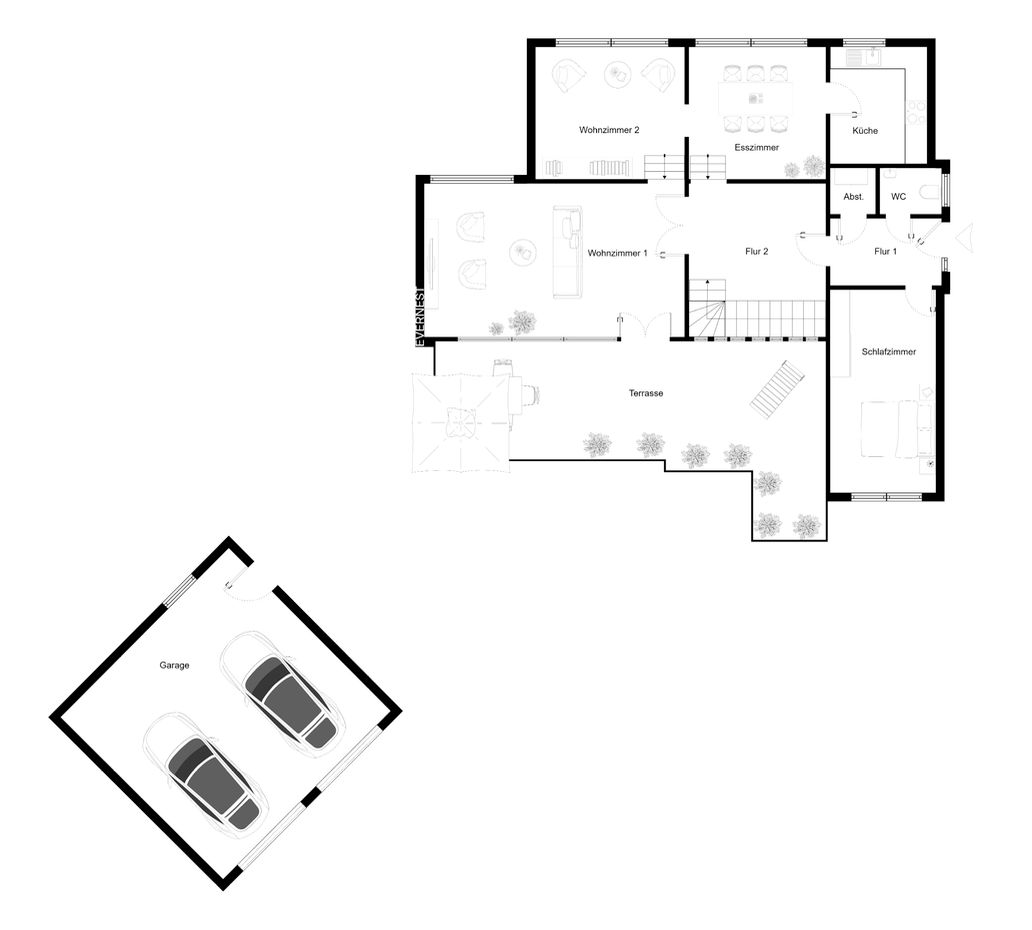 Grundriss eines Hauses mit zwei Wohnzimmern, Schlafzimmer, Küche, Terrasse und separater Garage für zwei Autos.