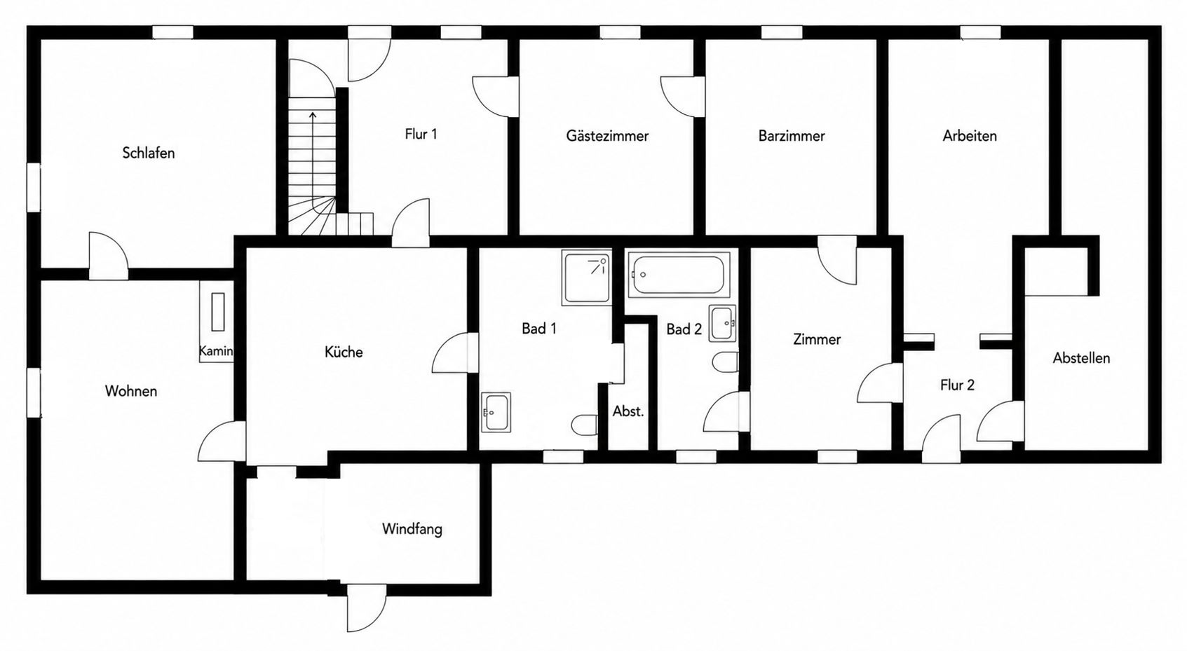 Grundriss eines Hauses mit Zimmern wie Küche, Bad, Schlafen, Wohnen, Arbeiten und Abstellen.