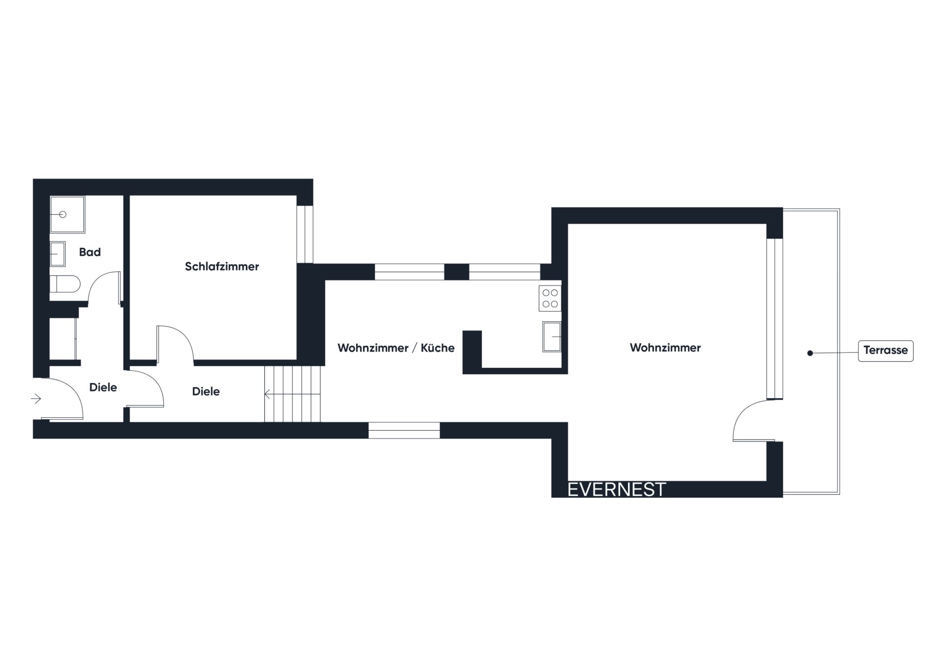 Grundriss einer Wohnung mit Schlafzimmer, Bad, Wohnküche, Wohnzimmer und Terrasse.