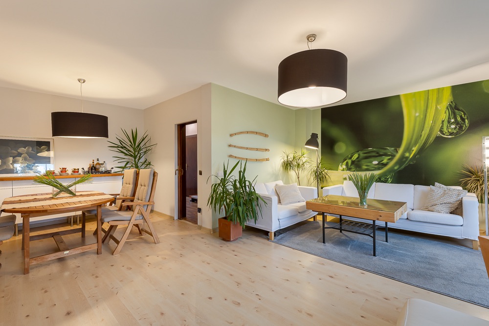 Helles Wohnzimmer mit Holzboden, zwei Sofas, Esstisch und großen Pflanzen.