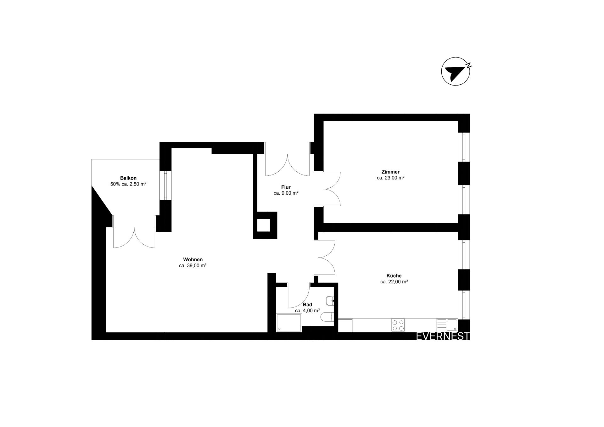 Grundriss einer Wohnung mit Zimmer, Küche, Bad, Flur, Wohnraum und Balkon.