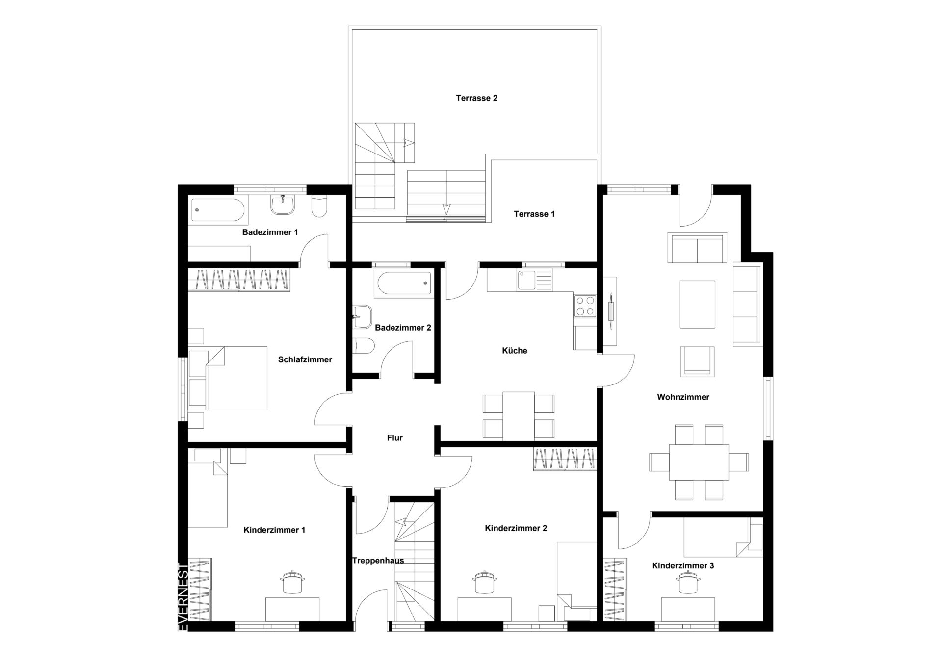 Grundriss einer Wohnung mit Schlafzimmer, drei Kinderzimmern, zwei Bädern, Küche, Wohnzimmer und zwei Terrassen.