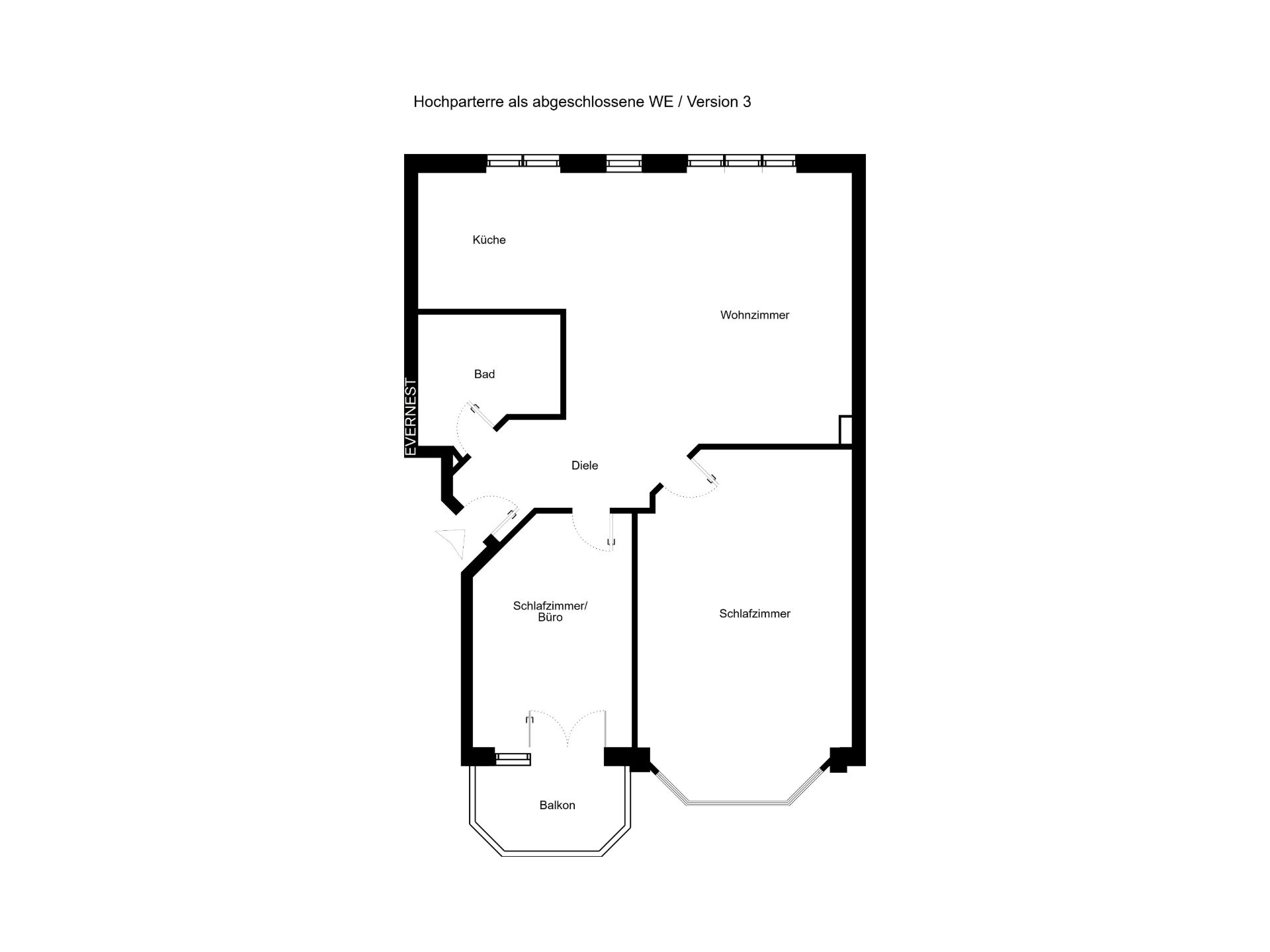Grundriss einer Wohnung mit Wohnzimmer, Schlafzimmer, Küche, Bad, Diele, Balkon und Büro.