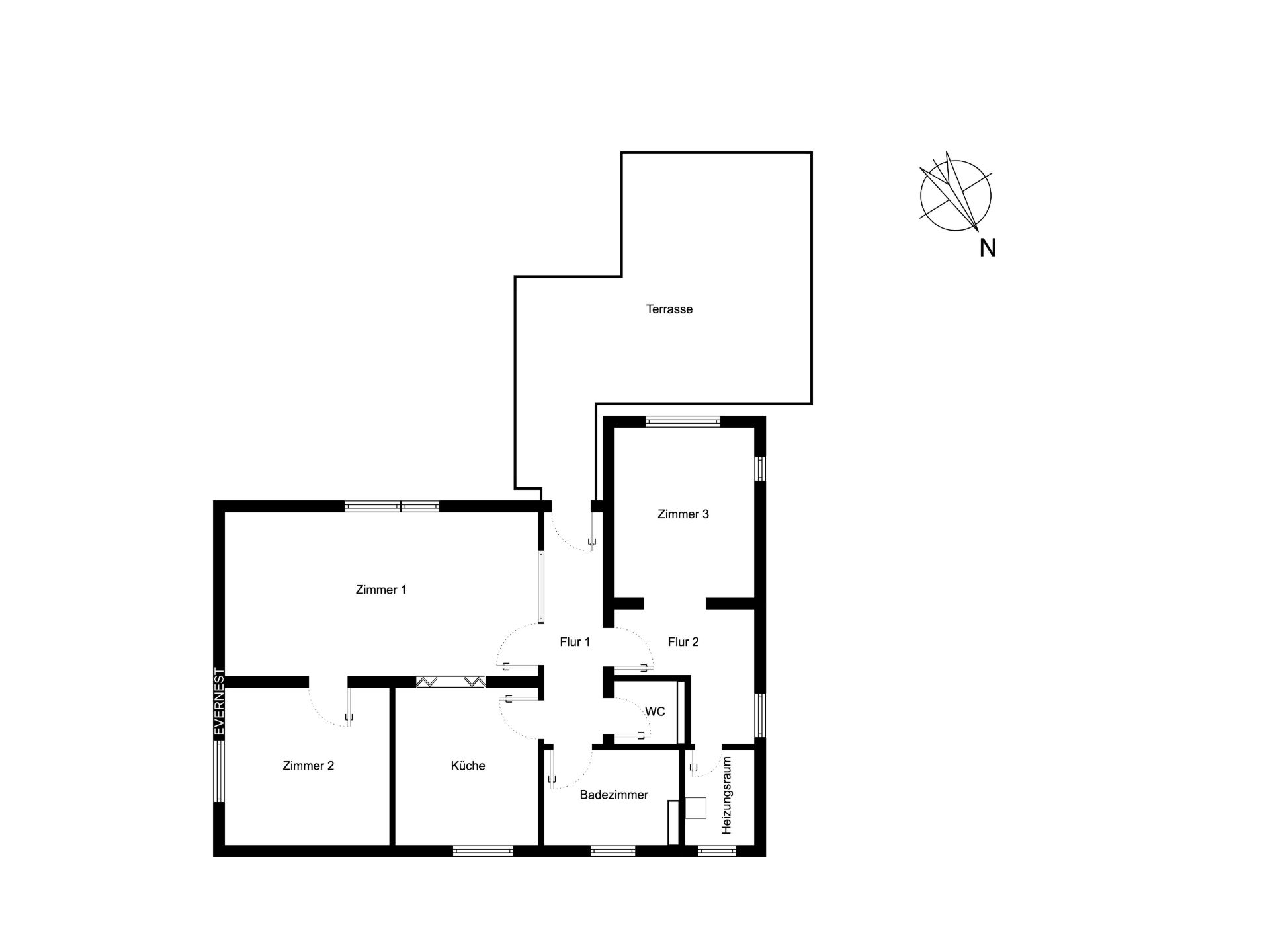 Grundriss einer Wohnung mit drei Zimmern, Küche, Bad, WC und Terrasse.