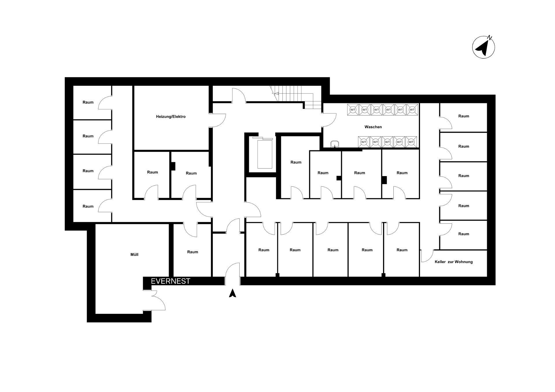 Grundriss eines Kellers mit mehreren Räumen, Waschraum und Müllraum.