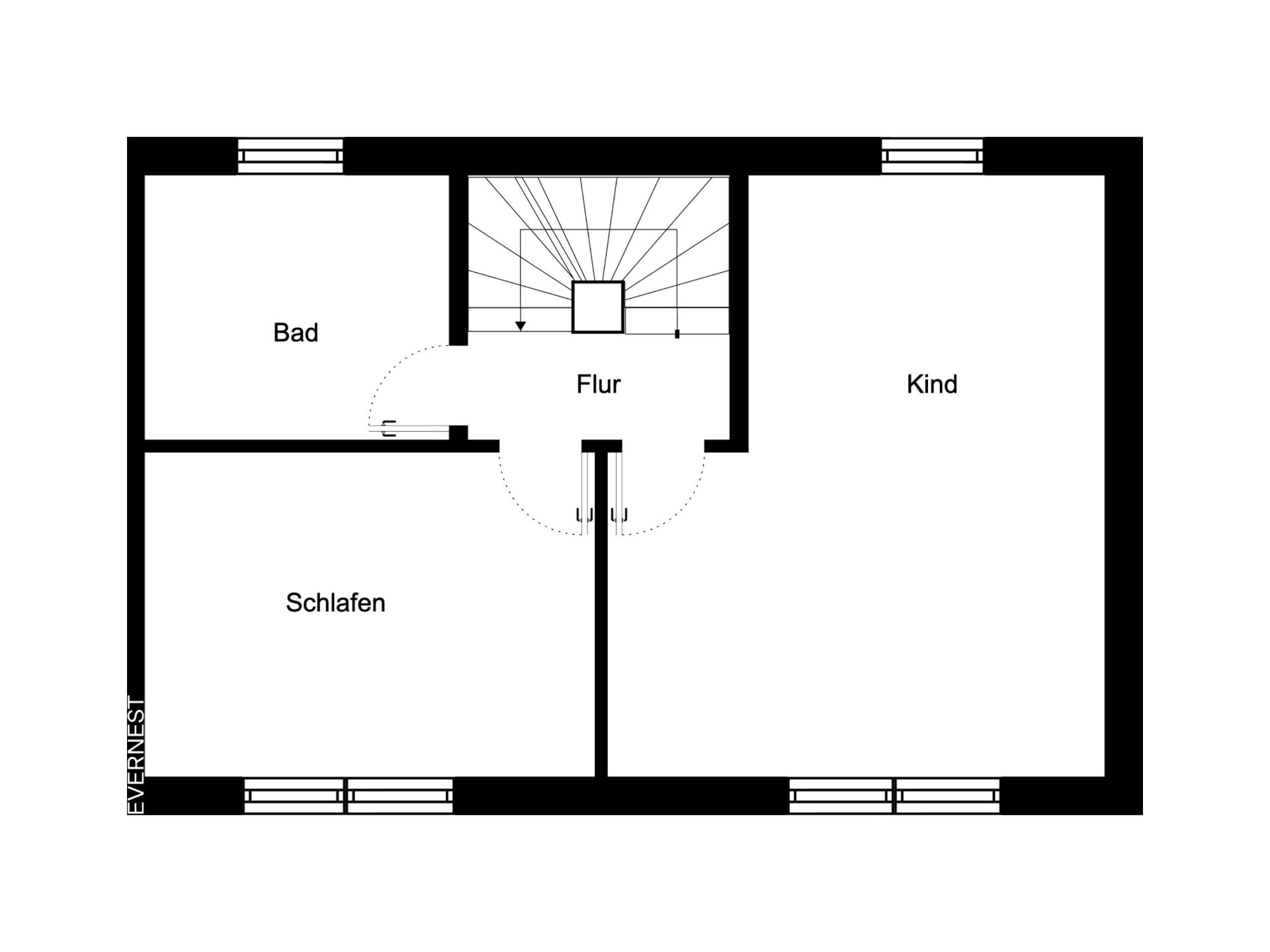 Grundriss mit Flur, Bad, Schlafzimmer und Kinderzimmer.