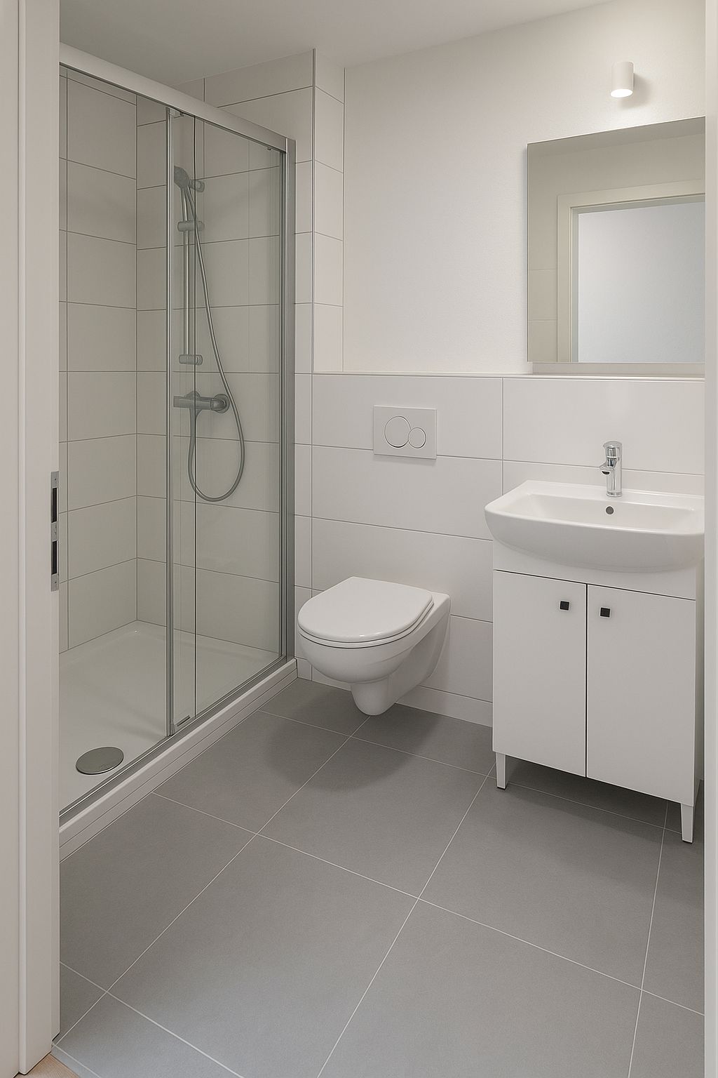 Modernes Badezimmer mit Dusche, Wandtoilette, Waschbecken und Spiegel.