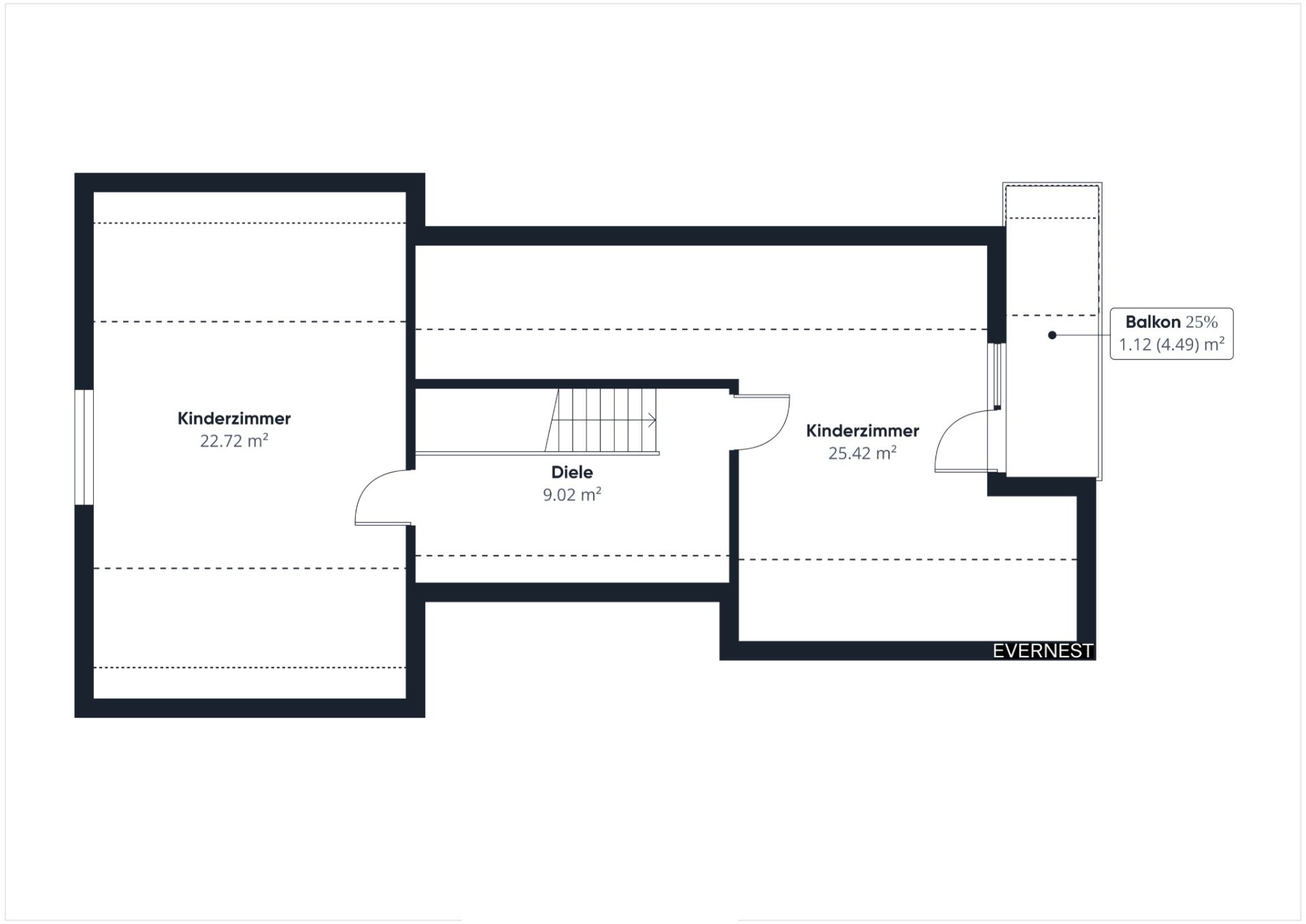 Grundriss mit zwei Kinderzimmern, einem Flur und einem kleinen Balkon.