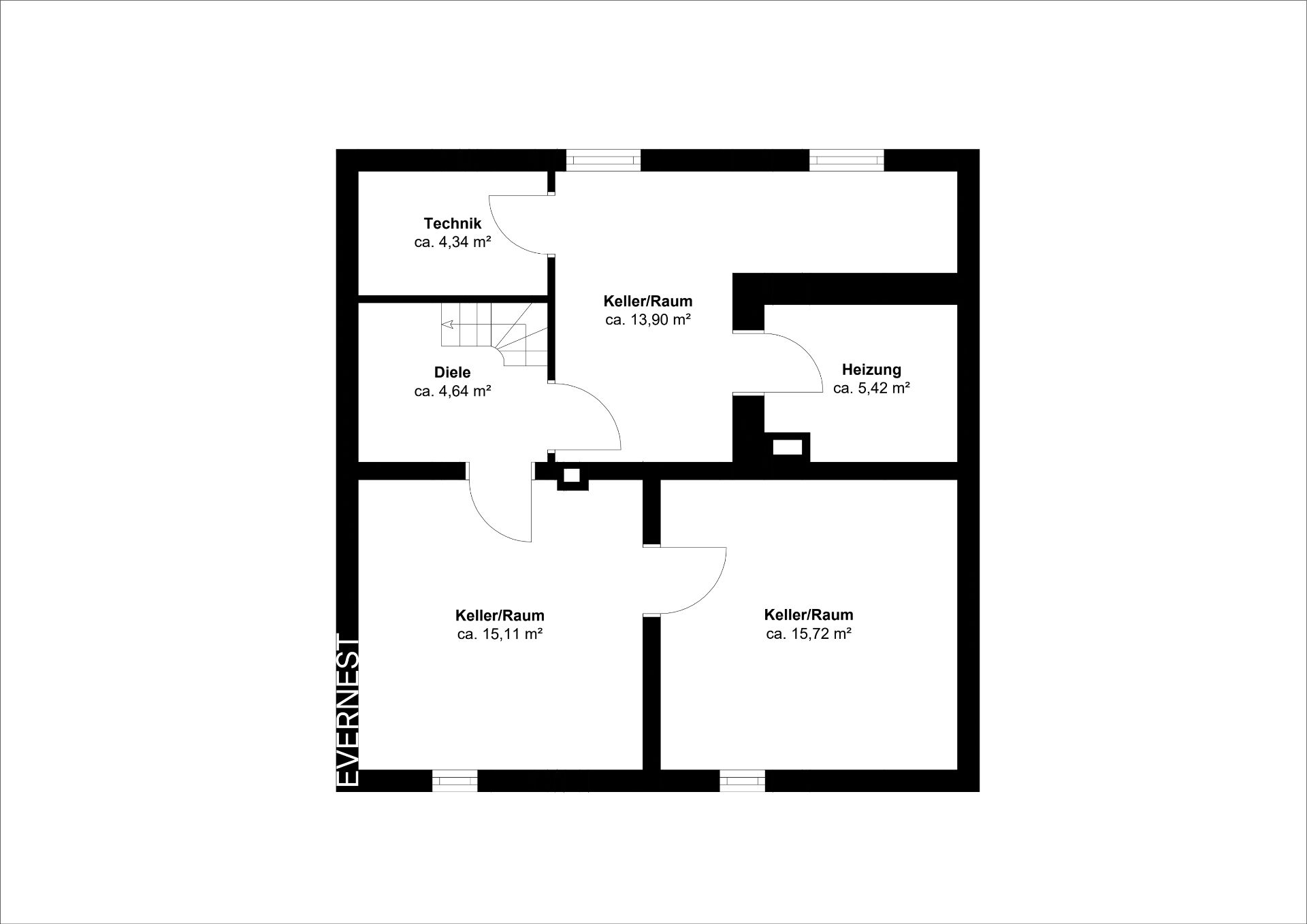 Grundriss eines Kellers mit Technikraum, Heizungsraum, Diele und drei Kelleräumen.