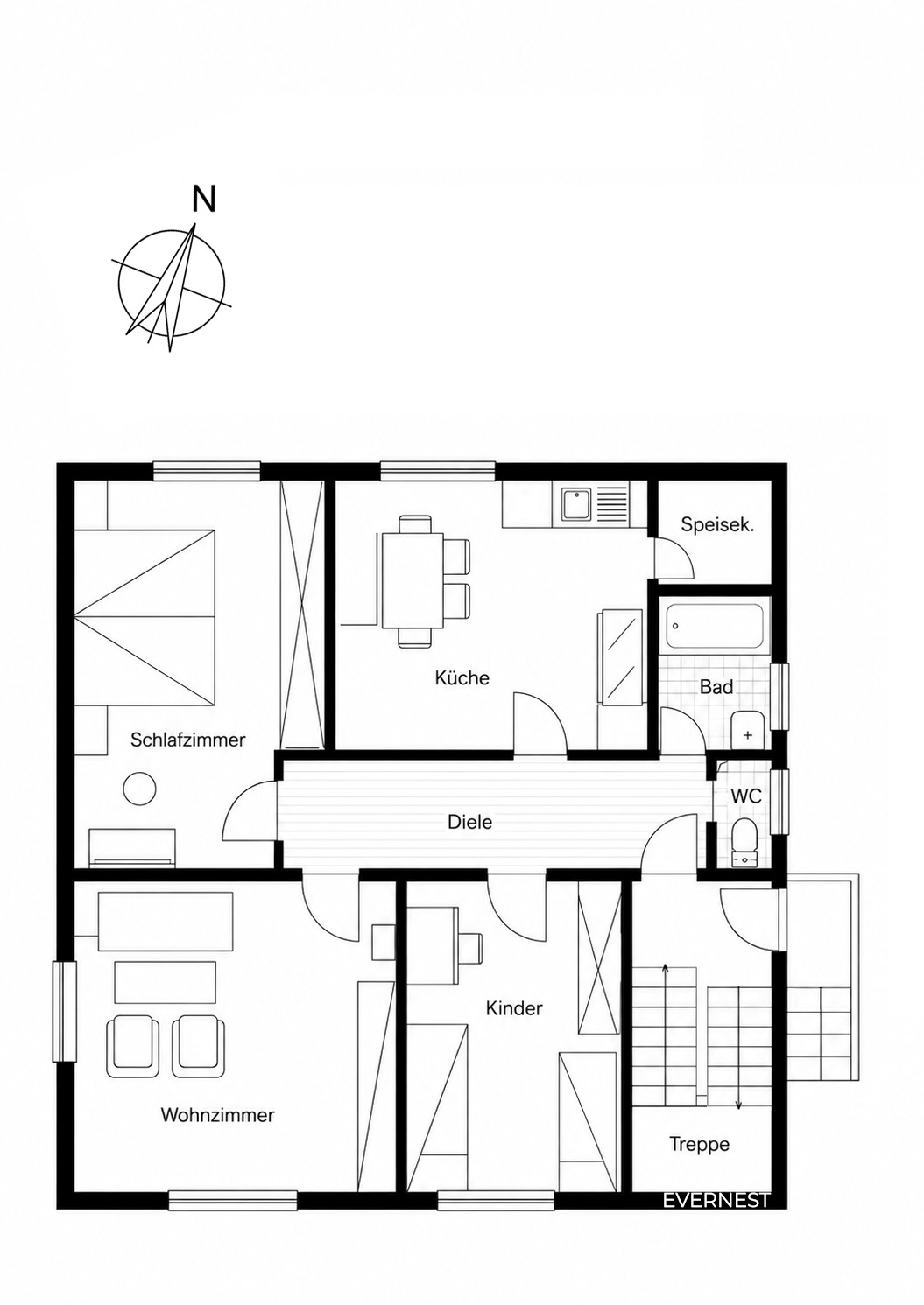 Grundriss einer Wohnung mit Wohnzimmer, Schlafzimmer, Küche, Kinderzimmer, Bad, WC und Treppe.