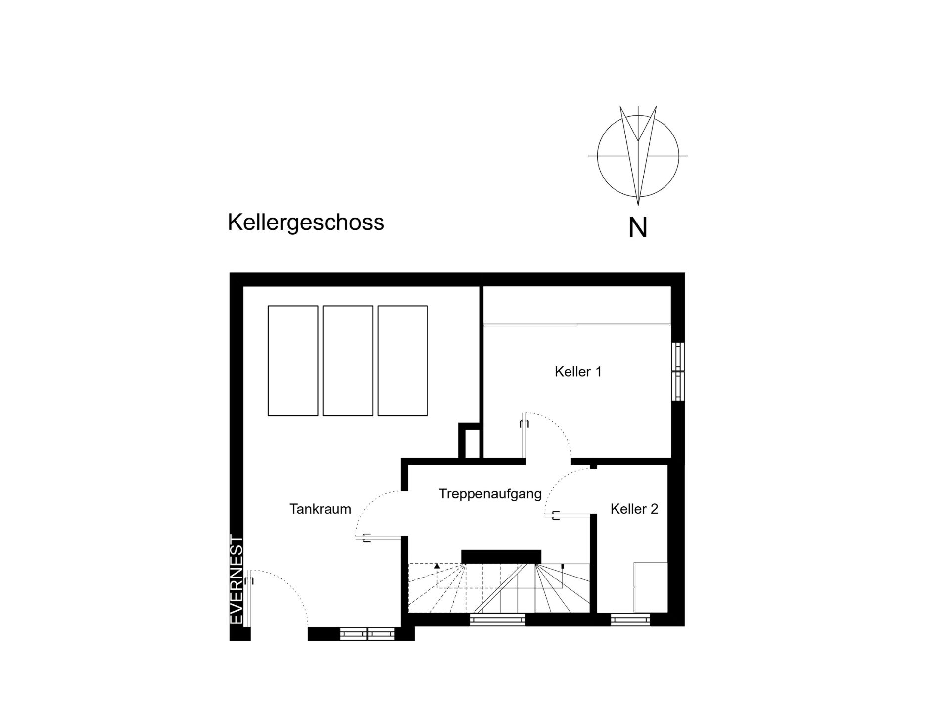 Grundriss des Kellergeschosses mit Tankraum, Treppenaufgang, Keller 1 und Keller 2.