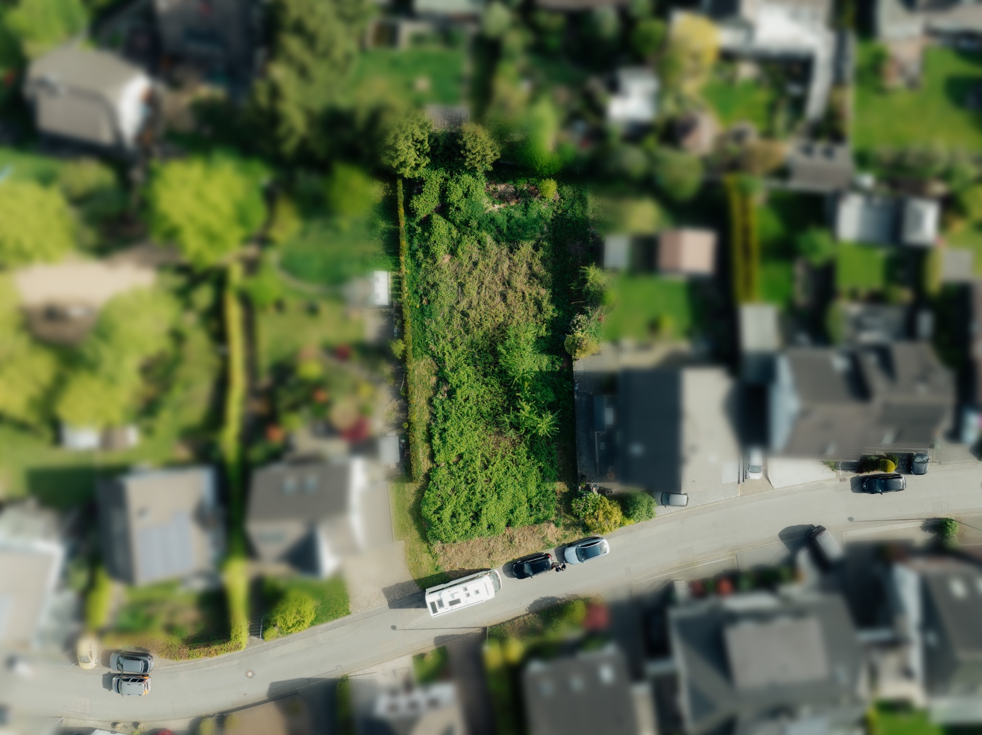 Luftaufnahme eines rechteckigen, bewachsenen Grundstücks in einem Wohngebiet mit parkenden Autos an der Straße.