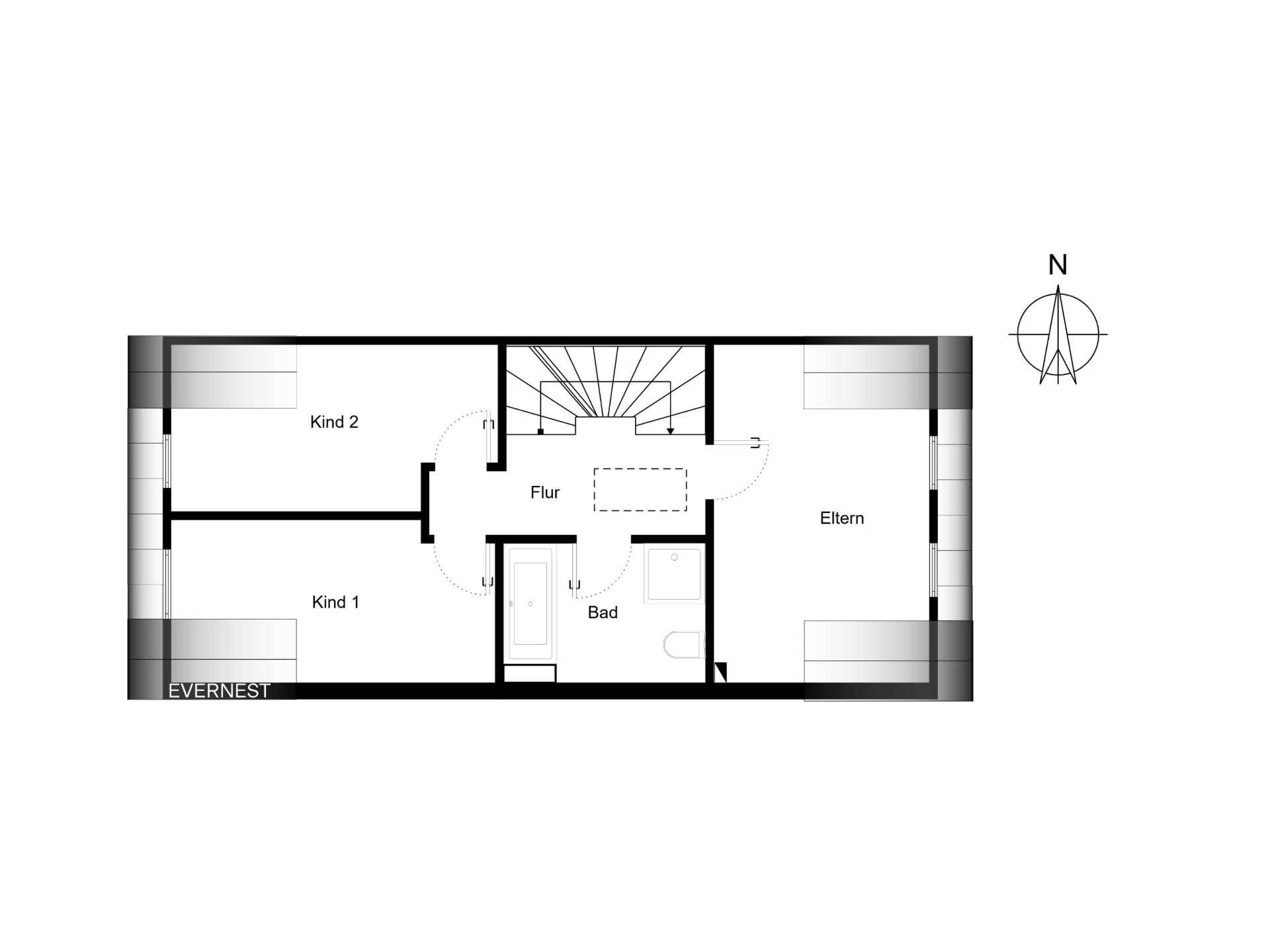 Grundriss mit zwei Kinderzimmern, einem Elternschlafzimmer, Flur, Bad und Treppe.