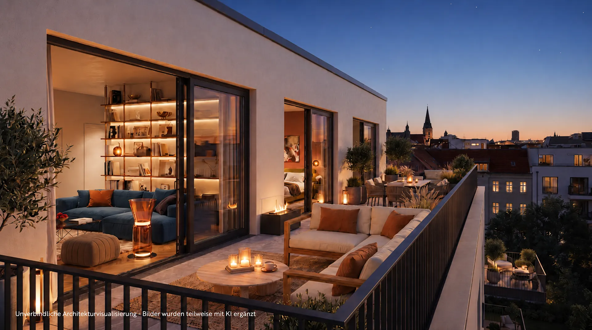 Große Dachterrasse mit Sofas, Pflanzen und Kerzen, Blick in zwei helle Wohnräume am Abend.