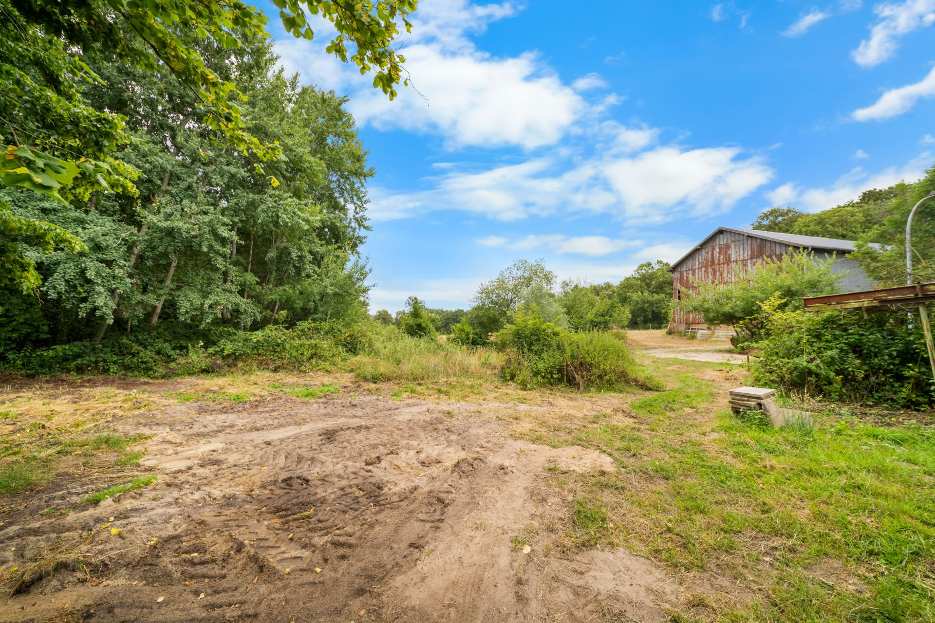 Großer, teils bewachsener Garten mit Sandboden und einem Holzgebäude im Hintergrund.