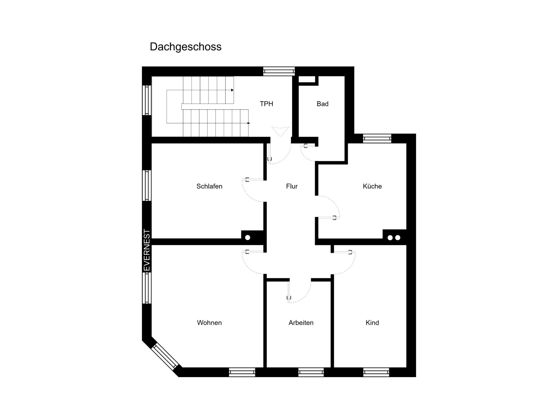 Grundriss eines Dachgeschosses mit Schlafzimmer, Bad, Küche, Wohnzimmer, Arbeitszimmer und Kinderzimmer.