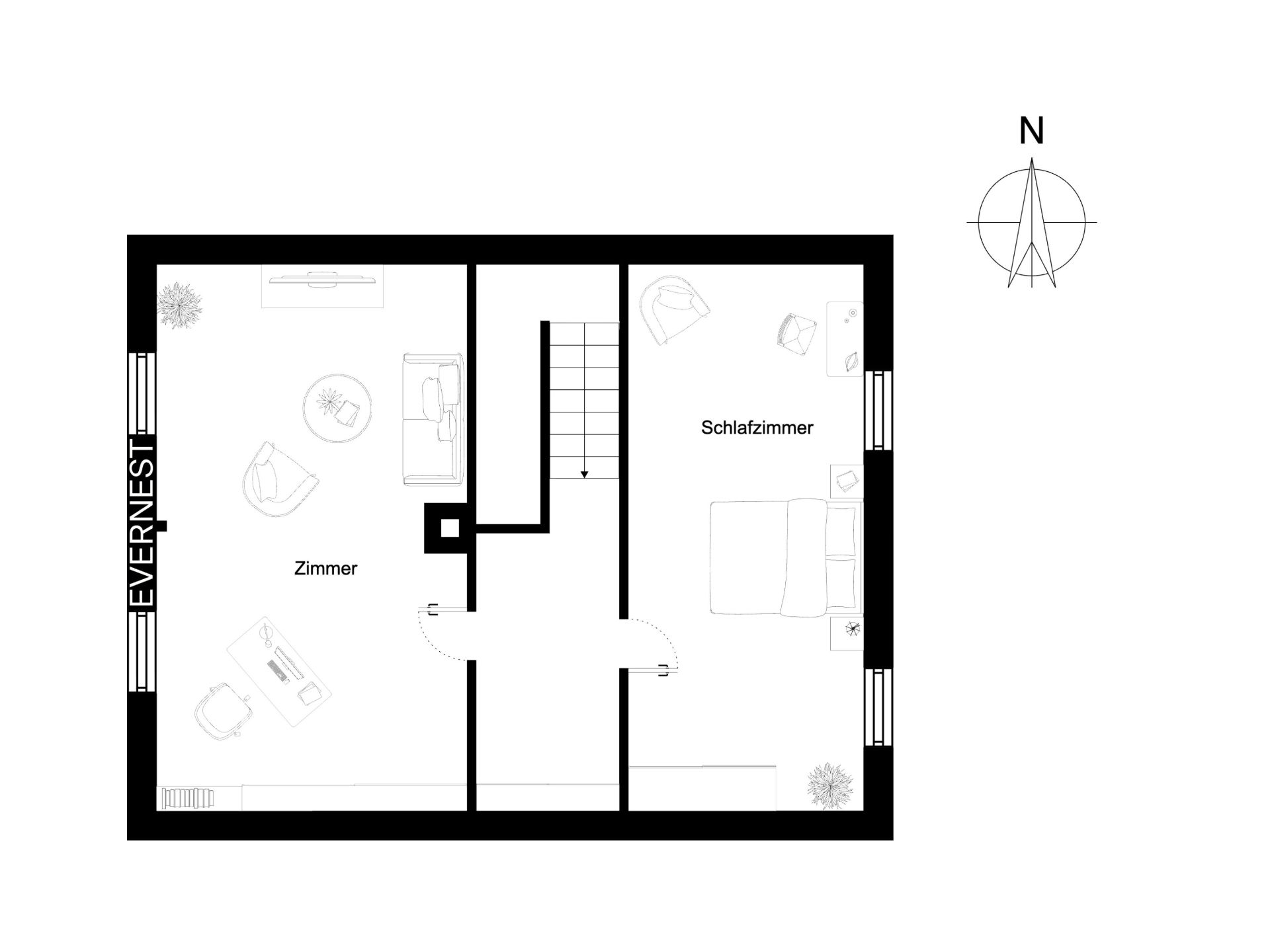Grundriss mit einem Schlafzimmer, einem weiteren Zimmer und Treppenhaus.