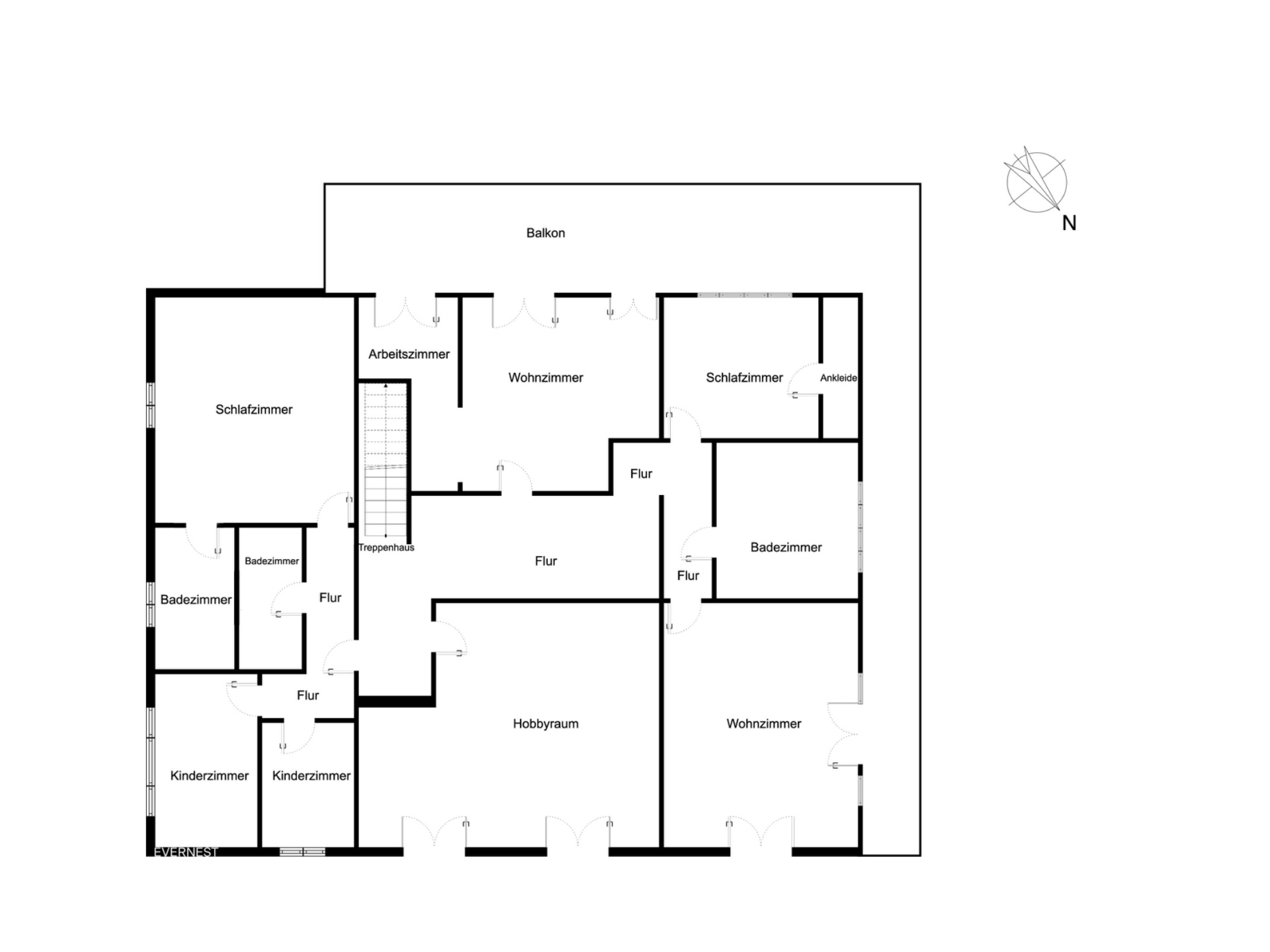 Grundriss mit Schlafzimmern, Kinderzimmern, Wohnzimmern, Bädern, Hobbyraum, Arbeitszimmer und Balkon.