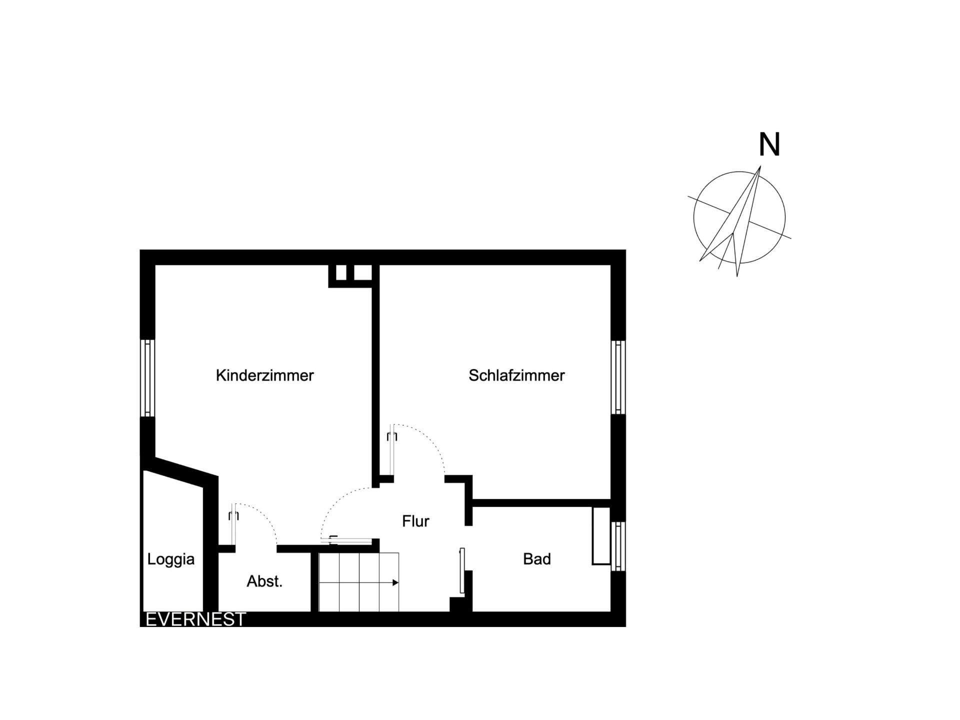 Grundriss mit Kinderzimmer, Schlafzimmer, Bad, Flur, Abstellraum und Loggia.