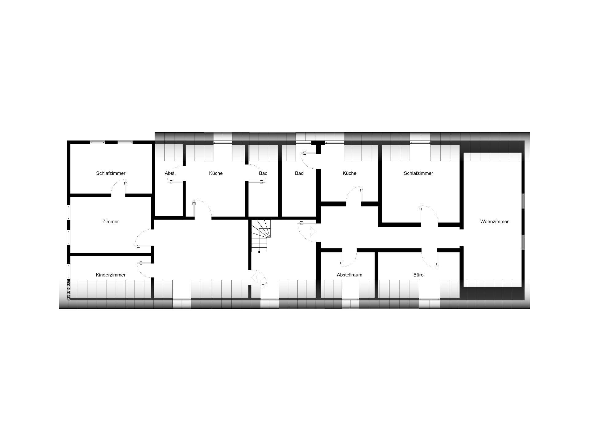 Grundriss einer Wohnung mit Schlafzimmern, Wohnzimmer, Küche, Bad, Kinderzimmer, Büro und Abstellraum.