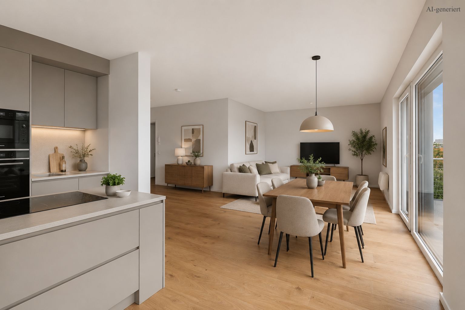 Moderner offener Wohnraum mit Küche, Essbereich, Sofa, Fernseher und großen Fenstern.