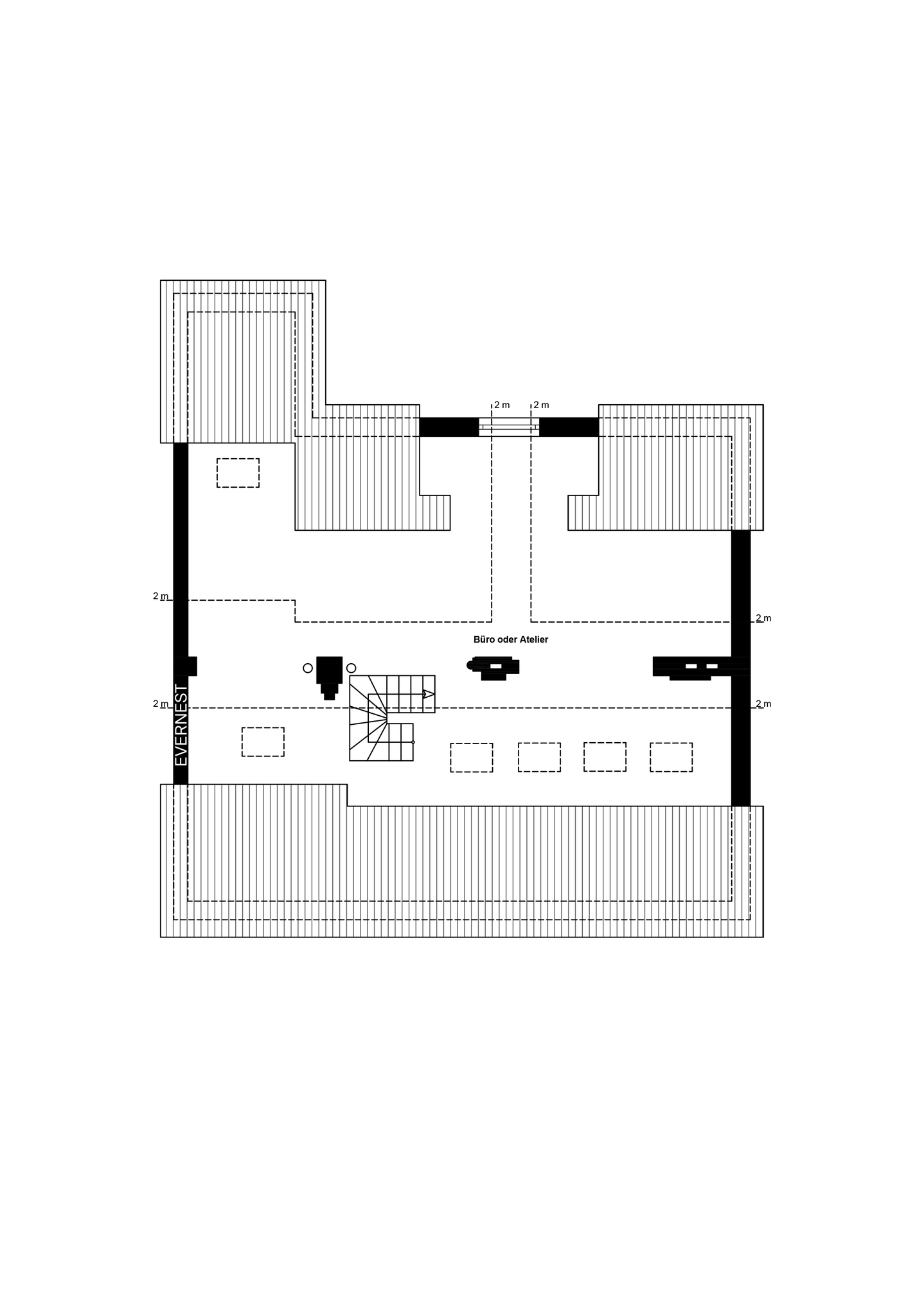 Grundriss eines Dachgeschosses mit Treppe und mehreren Bereichen, beschriftet als Büro oder Atelier.