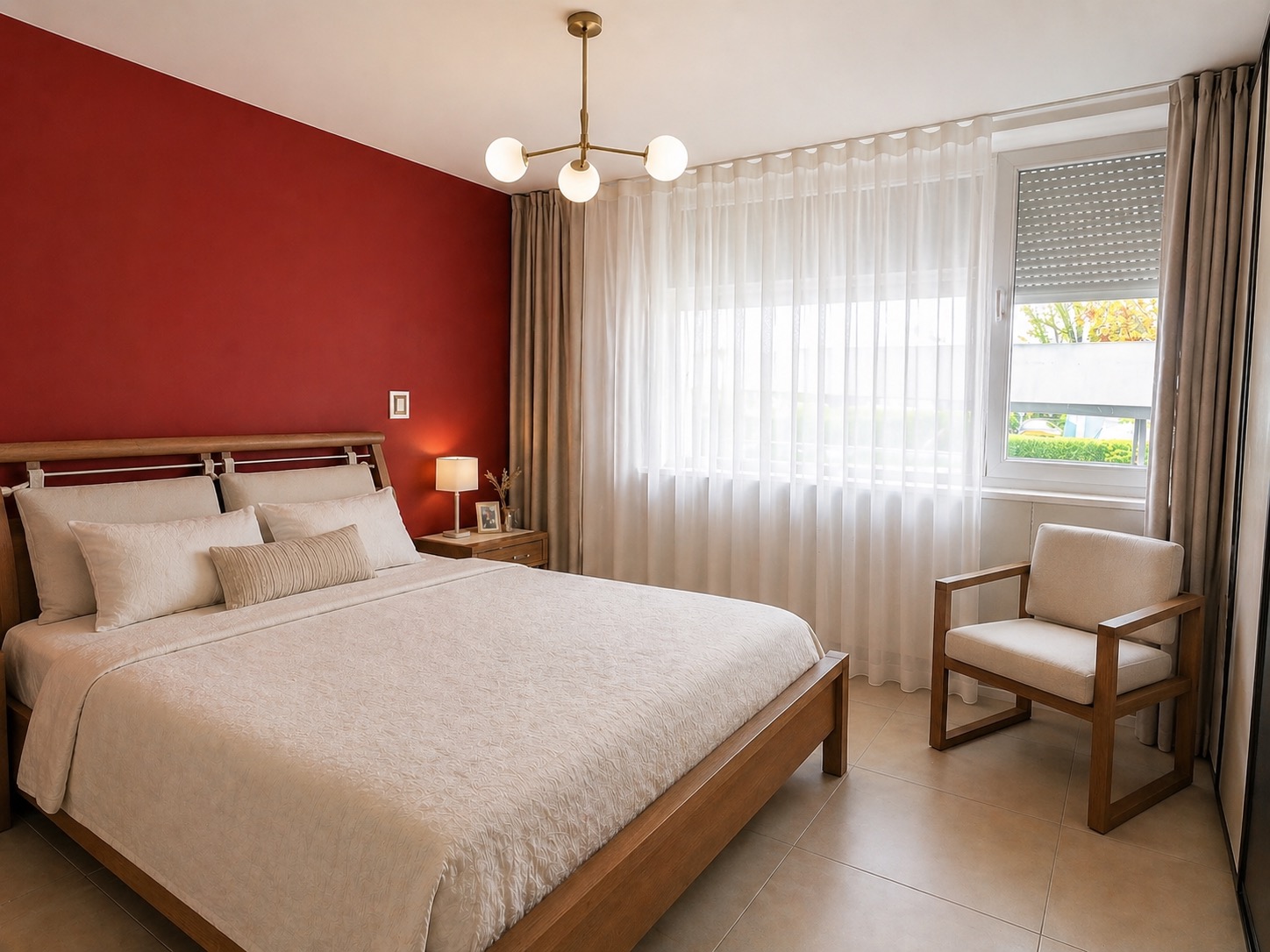 Helles Schlafzimmer mit roter Wand, Holzbett, Sessel und großem Fenster mit weißen Vorhängen.