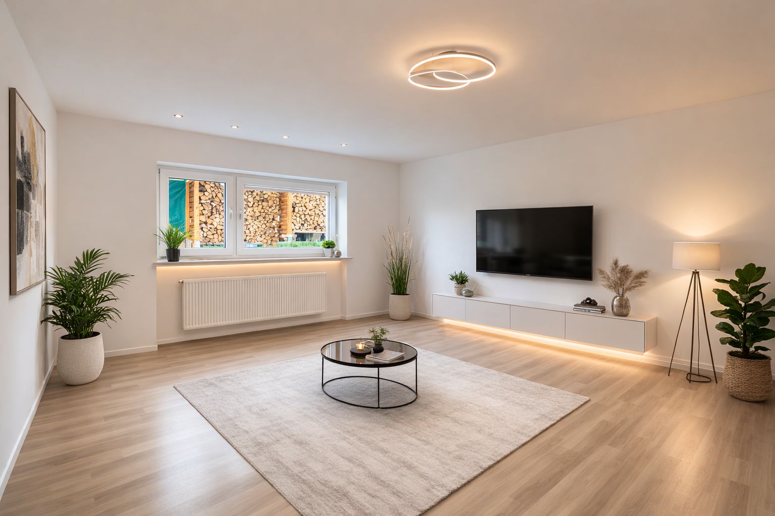 Helles Wohnzimmer mit großem Teppich, Wandfernseher, Pflanzen und modernen Möbeln.