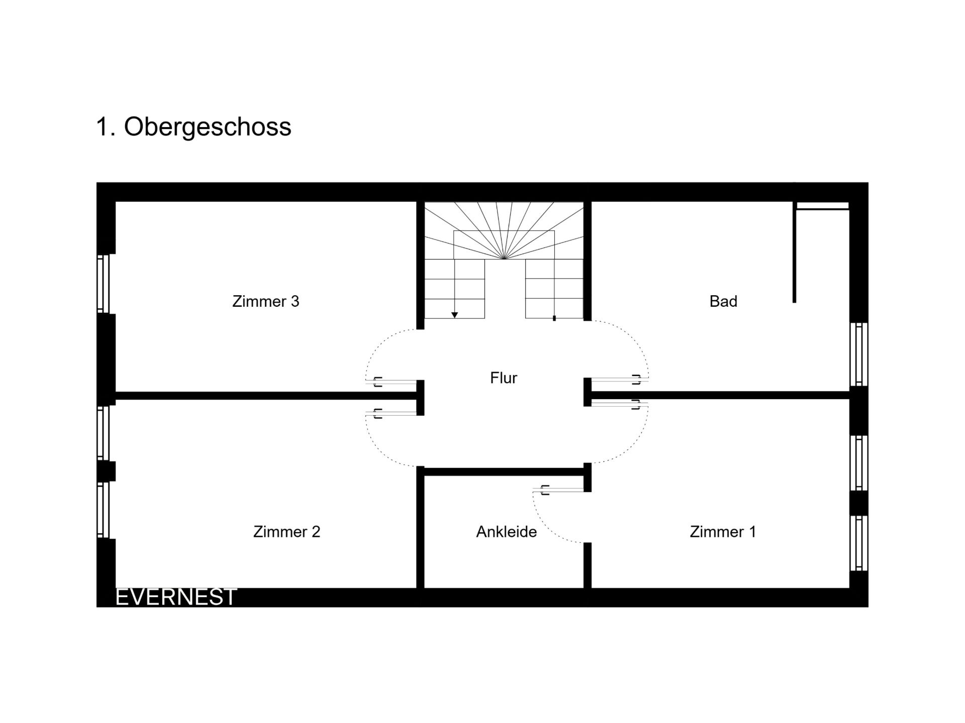 Grundriss des ersten Obergeschosses mit drei Zimmern, Bad, Flur und Ankleide.
