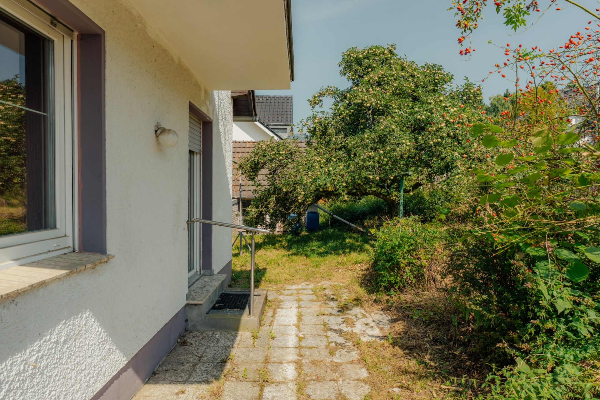 Seiteneingang eines Wohnhauses mit gepflastertem Weg und grünem Garten, Bäume im Hintergrund.