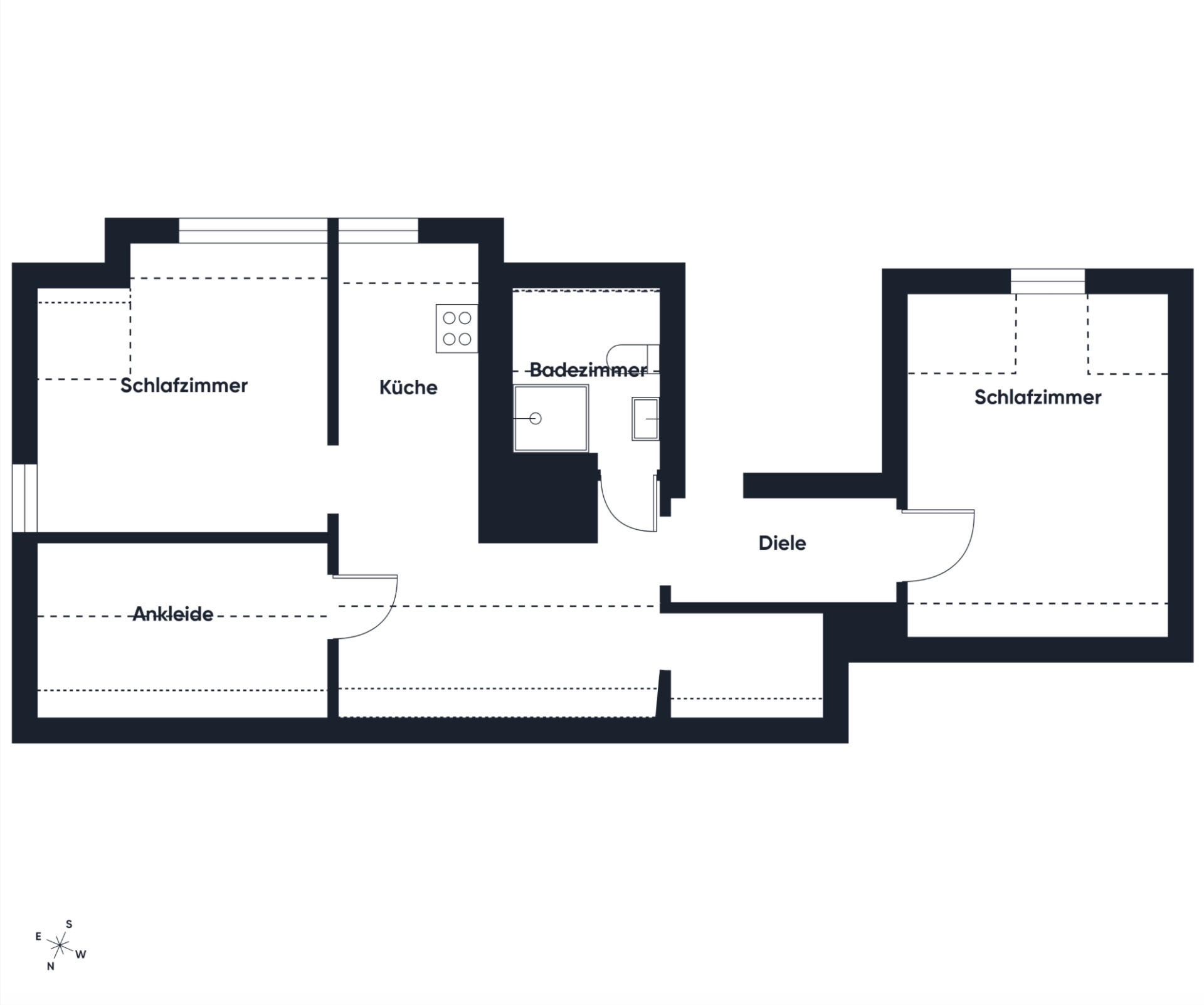 Grundriss mit zwei Schlafzimmern, Küche, Badezimmer, Diele und Ankleide.