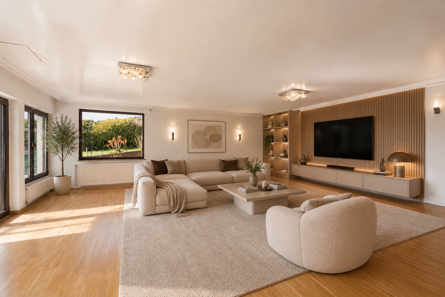Modernes Wohnzimmer mit Ecksofa, Sessel, großem Teppich und Fernseher an Holzvertäfelung.