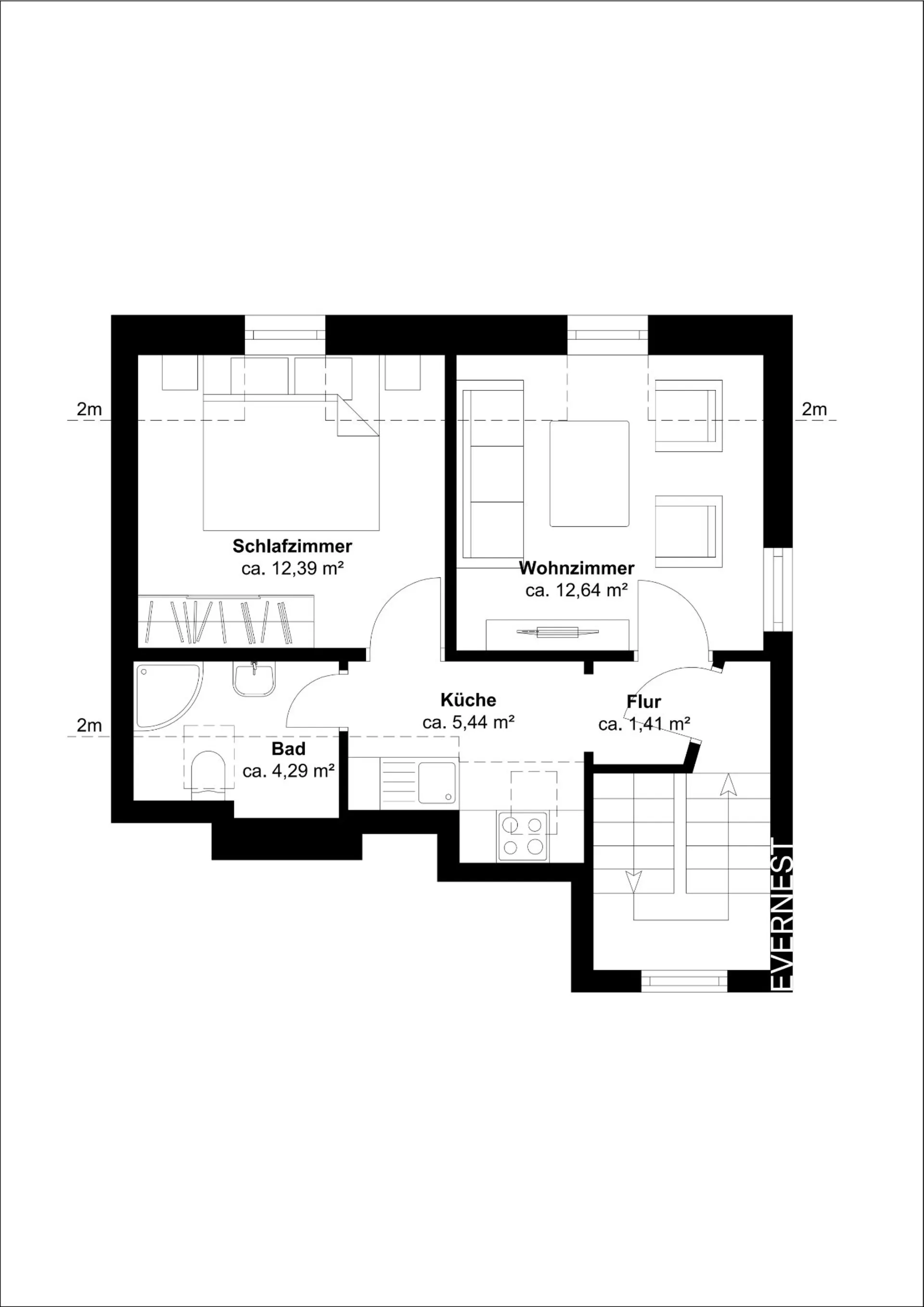 Grundriss einer Wohnung mit Schlafzimmer, Wohnzimmer, Bad, Küche und Flur.