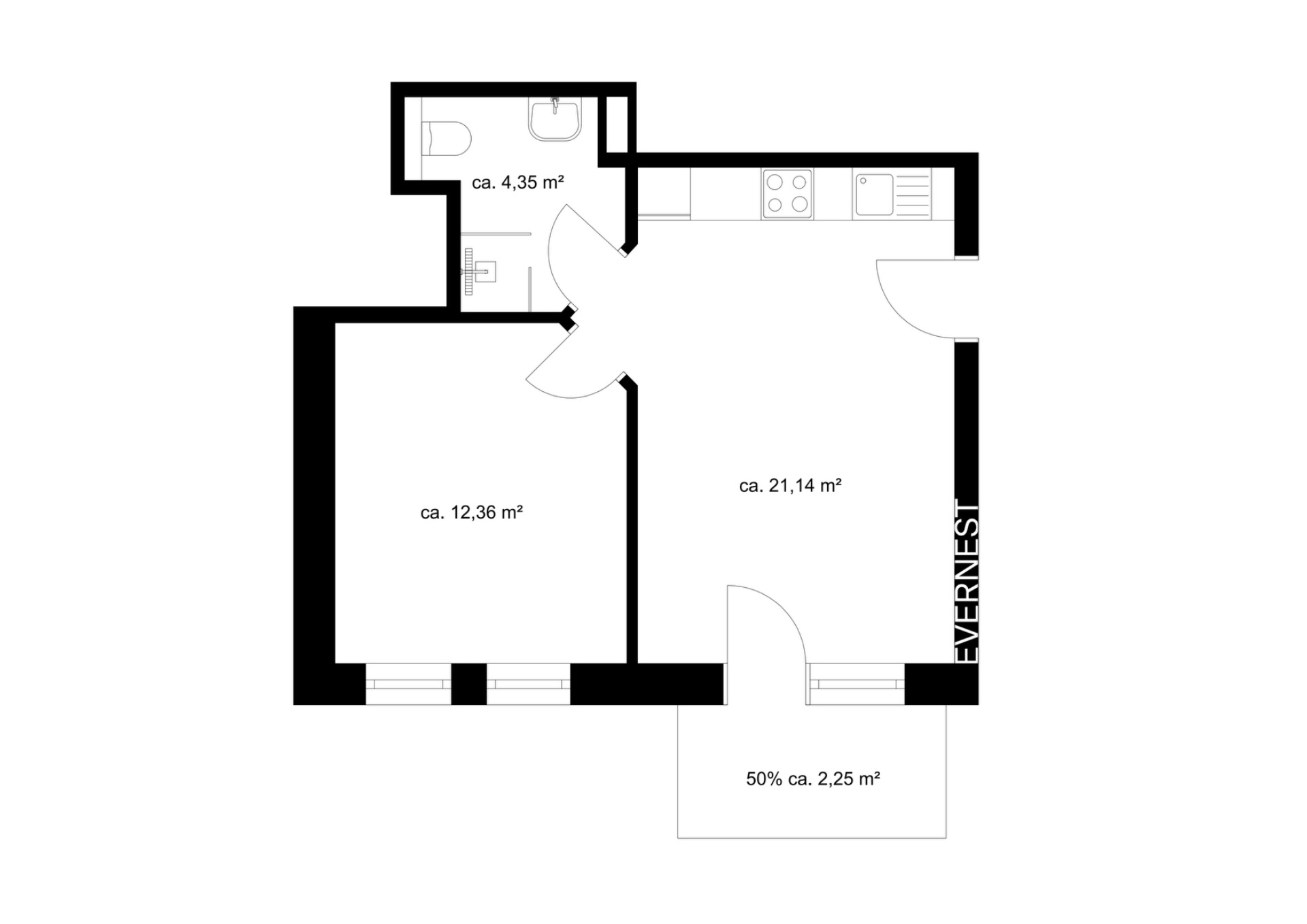 Wohnungsgrundriss mit Wohnbereich, Schlafzimmer, Bad und Küche, Flächenangaben in Quadratmetern.