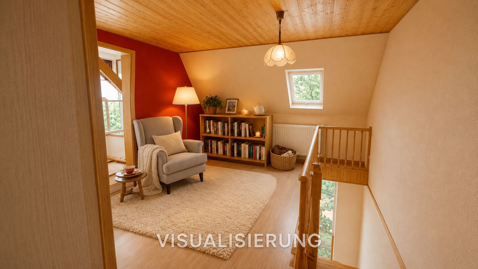 Gemütliche Leseecke mit Sessel, Bücherregal, Teppich, Lampe und Fenster auf einem Dachboden.