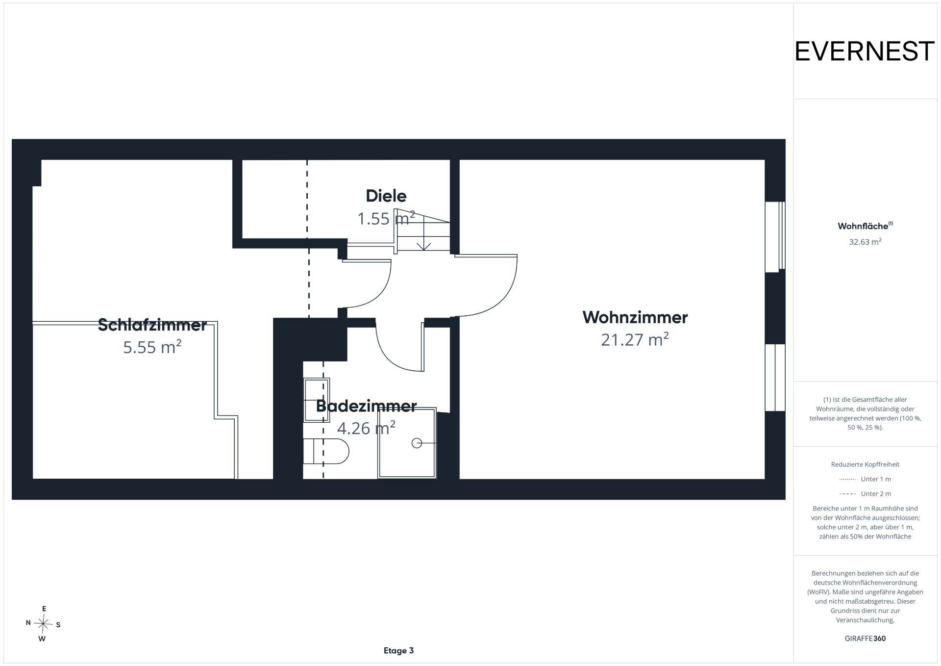 Grundriss einer Wohnung mit Wohnzimmer, Schlafzimmer, Bad und Diele, Flächenangaben in Quadratmetern.